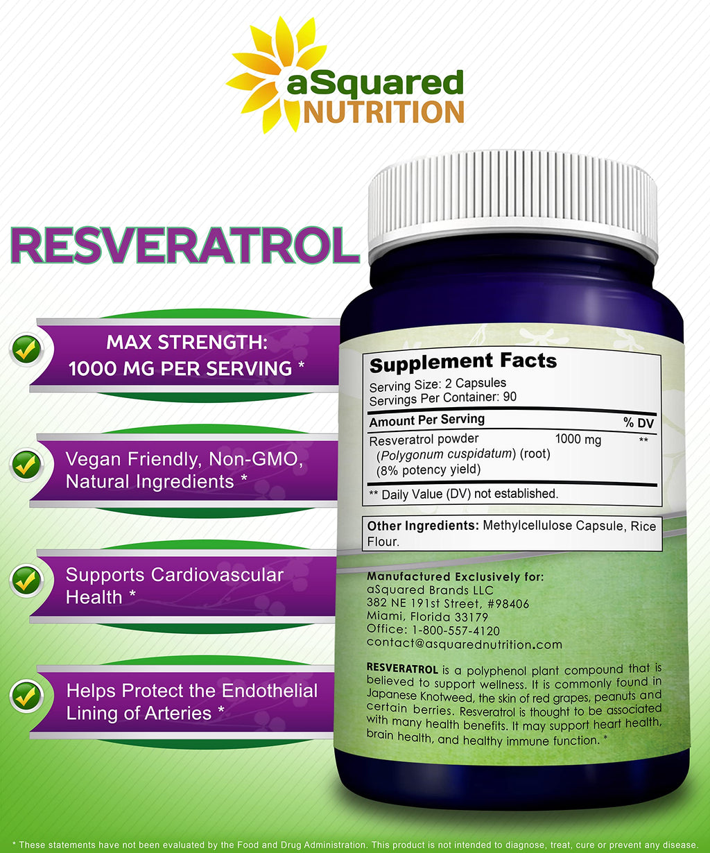 100% Natural Resveratrol - 1000mg Per Serving Max Strength (180 Capsules) Antioxidant Supplement, Trans-Resveratrol Pills for Heart Health & Pure, Polyphenols (Pack of 2)