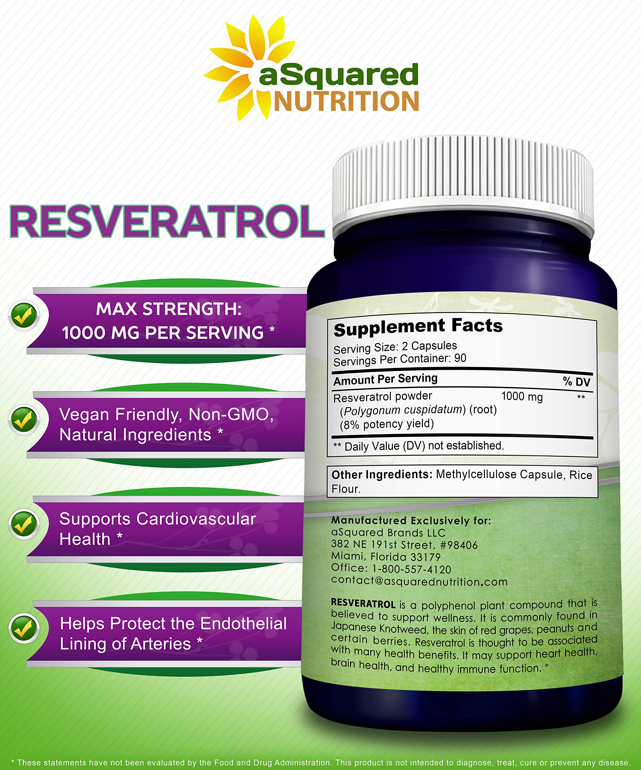 100% Natural Resveratrol - 1000mg Per Serving Max Strength (180 Capsules) Antioxidant Supplement, Trans-Resveratrol Pills for Heart Health & Pure, Polyphenols (Pack of 2)