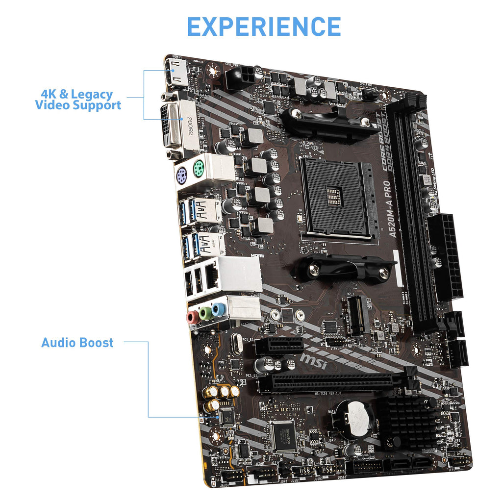 MSI A520M-A PRO Gaming Motherboard (AMD Ryzen 5000, AM4, DDR4, PCIe 3.0, SATA 6Gb/s, M.2, USB 3.2 Gen 1, DVI/HDMI, Micro-ATX)