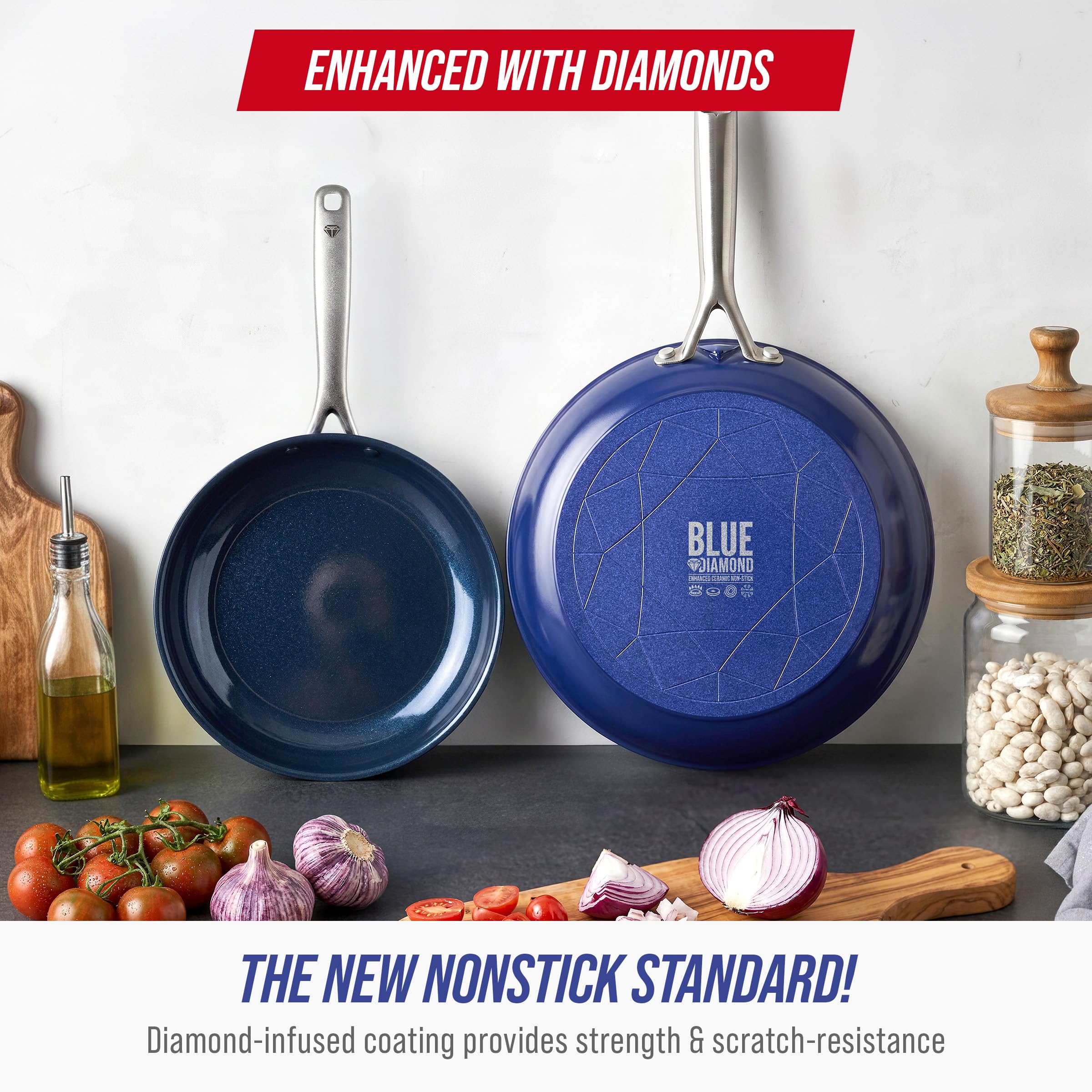 Blue Diamond 2 Piece Nonstick Frying Pan Set, 9.5” & 11" Skillets, PFAS-Free Ceramic, Dishwasher & Oven Safe, Stainless Steel Handle, Durable Metal Utensil Safe, Egg & Omelet Pans, Blue