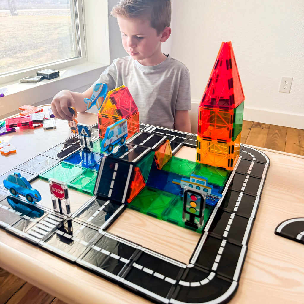 104 PCS Magnetic Tiles Road Set, STEM Magnet Toys Gift for 3+ Year Old Boys