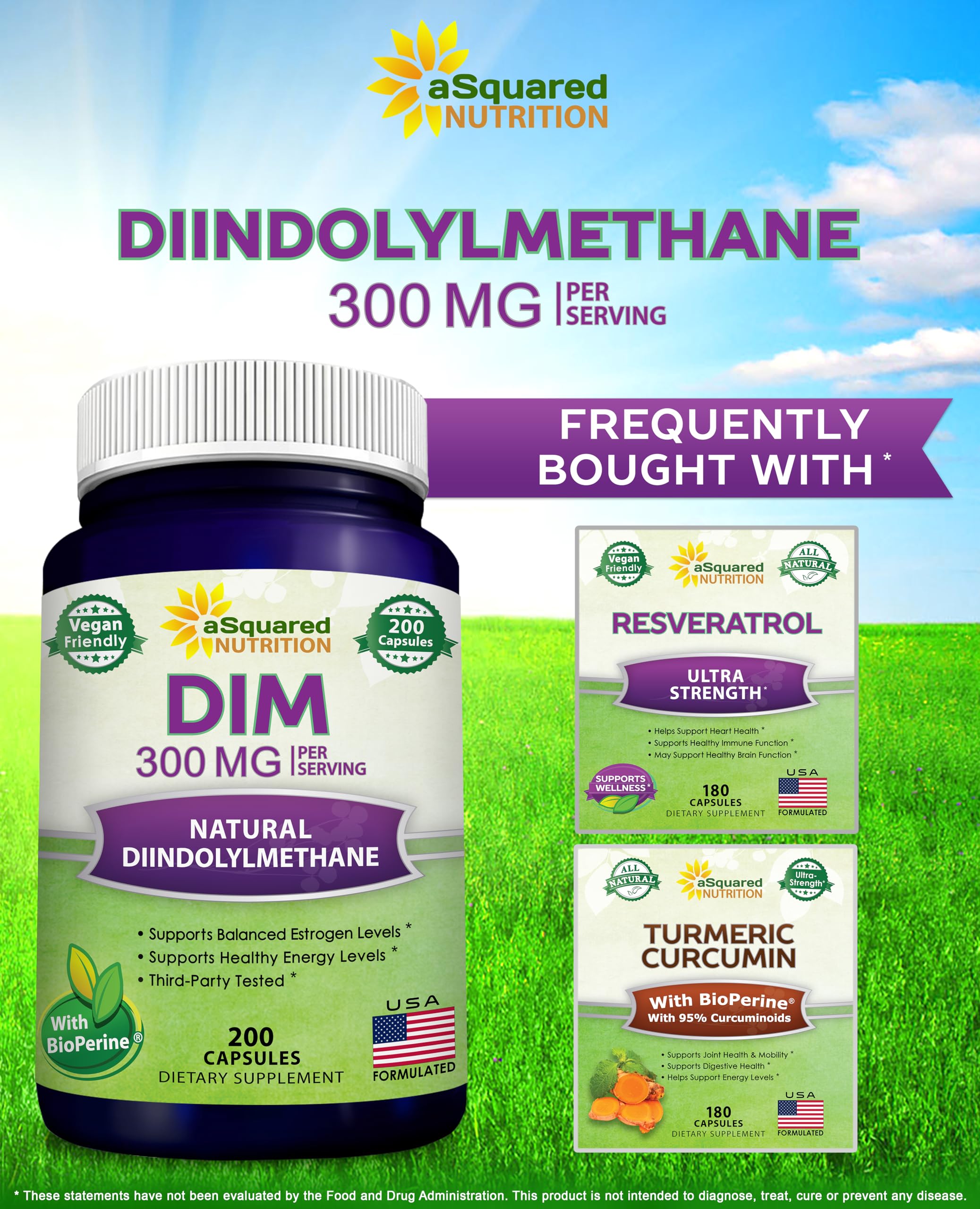 aSquared Nutrition DIM Supplement 300mg Per Serving Plus BioPerine - 200 Veggie Capsules - Diindolylmethane DIM Max Strength Pills to Support Estrogen Metabolism & Balance, Menopause, Hormonal Acne