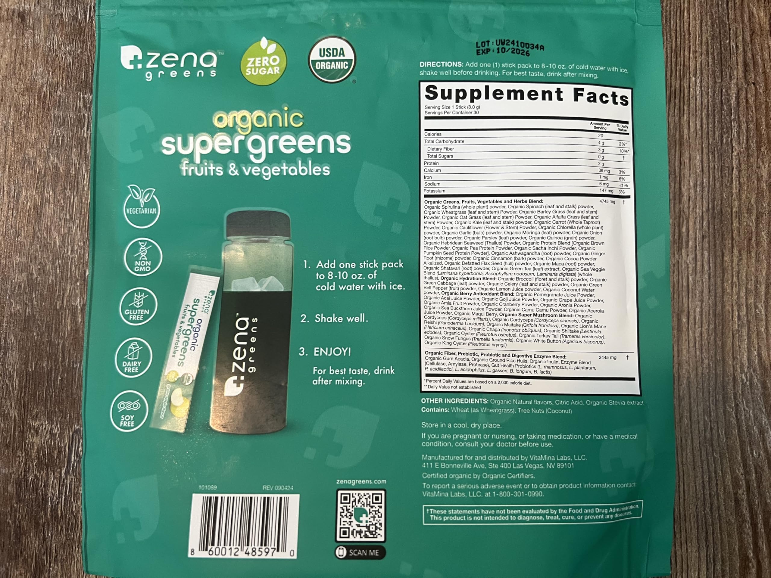Zena Nutrition Organic Super Greens Powder, 70+ Superfoods, 0 Sugar, 3g Fiber, Spirulina, Chlorella, Mushrooms, Prebiotics/Probiotics, Digestive Enzymes, Gut Health, Green Apple, 30 Drink Mix Packets