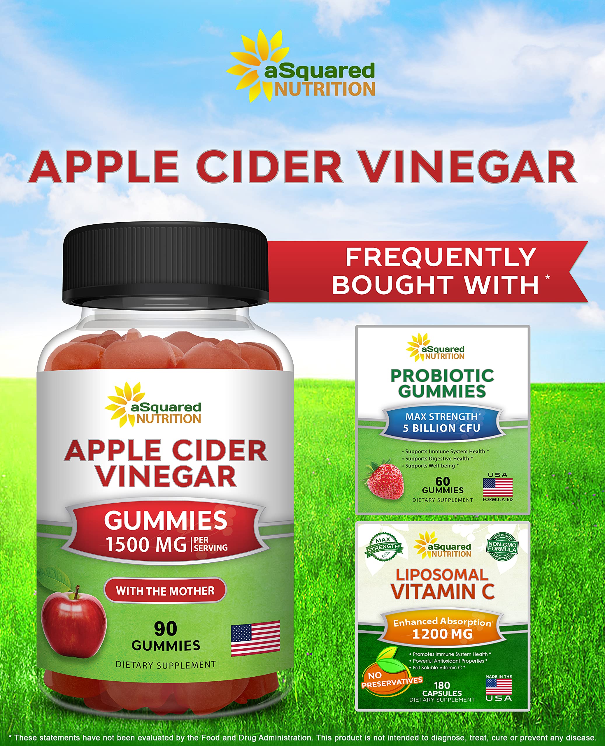 aSquared Nutrition Apple Cider Vinegar Gummies - 1500mg Per Serving - with The Mother - 90 ACV Gummies w/Vitamin B6 & B12, Folic Acid - Vegan Gummy Supplement Alternative to Capsules Pills (Pack of 2)