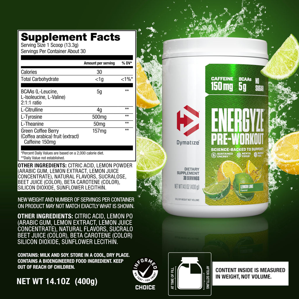 Dymatize Energyze Pre Workout Powder for Men and Women, Lemon Lime Flavor, 150mg Caffeine, 5g BCAAs, Performance Blend of L-Theanine, L-Tyrosine, L-Citrulline, No Sugar, 30 Servings