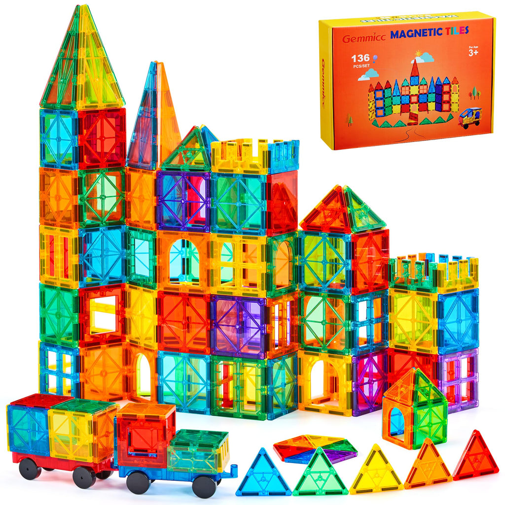 Gemmicc Magnetic Tiles, Deluxe 136 PCS Building Blocks Magnet Toys for Kids,3D Magnet Puzzles Stacking Blocks for Boys Girls,Huge Set with 2 Cars