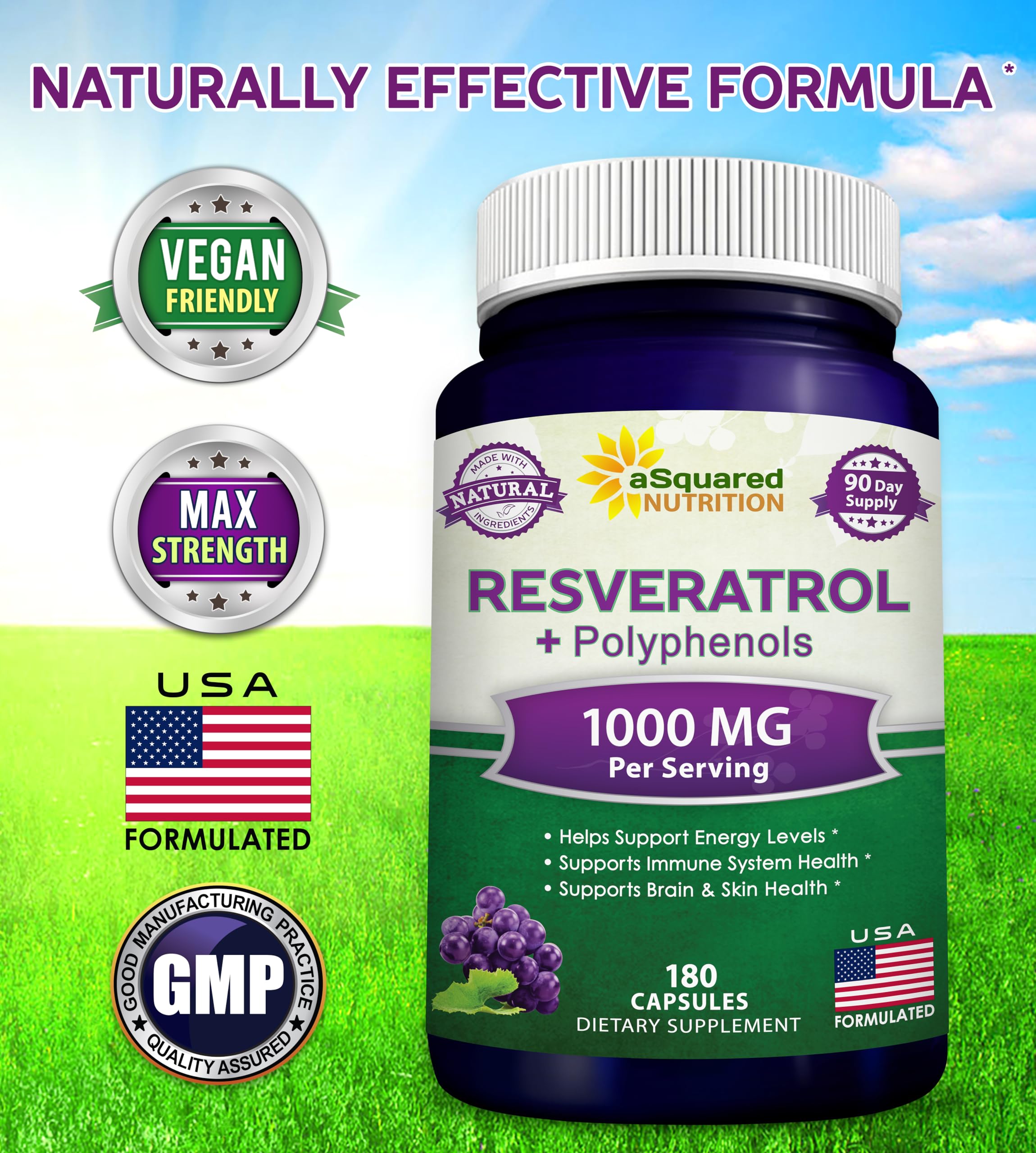 aSquared Nutrition Natural Resveratrol with Red Wine Extract - 180 Capsules - Trans Resveratrol Antioxidant Supplement Pills for Pure Heart Health - Extra Strength Trans-Resveratrol