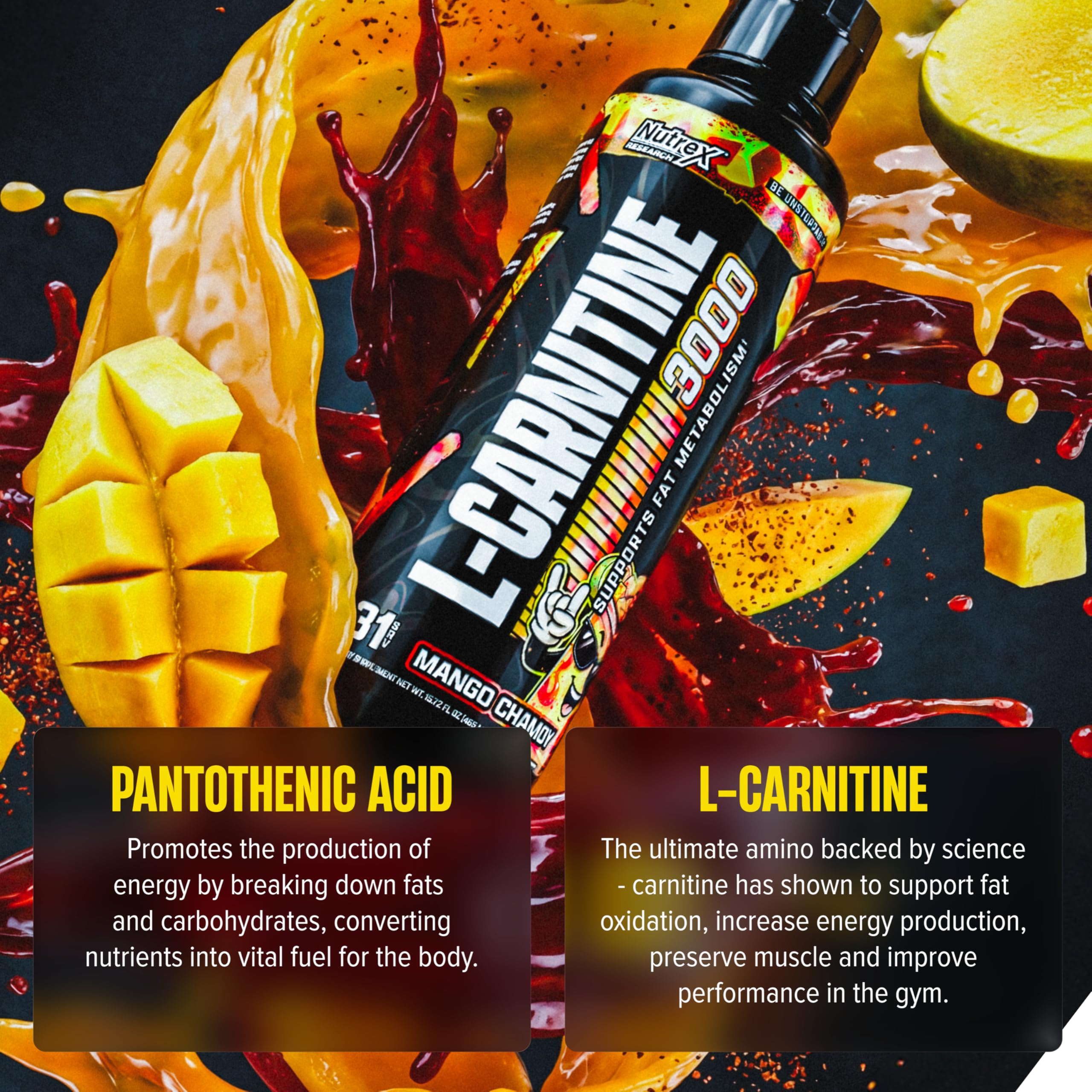 Nutrex Research Liquid Carnitine 3000 | Premium Liquid Carnitine, Stimulant Free, Fat Loss Support 16 Fl Oz (Mango Chamoy, 16 Fl Oz (Pack of 1)