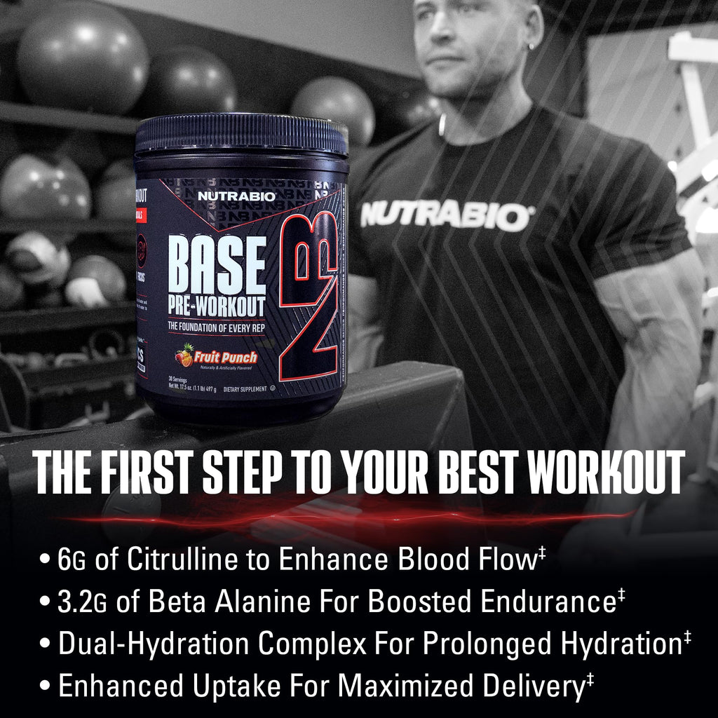 NutraBio Base Pre-Workout Powder 200mg Caffiene, Sustained Energy, Focus, Endurance, Pump, Sugar Free, Clean Preworkout for Men and Women - Beta Alanine, L-Tyrosine, 30 Servings - Fruit Punch