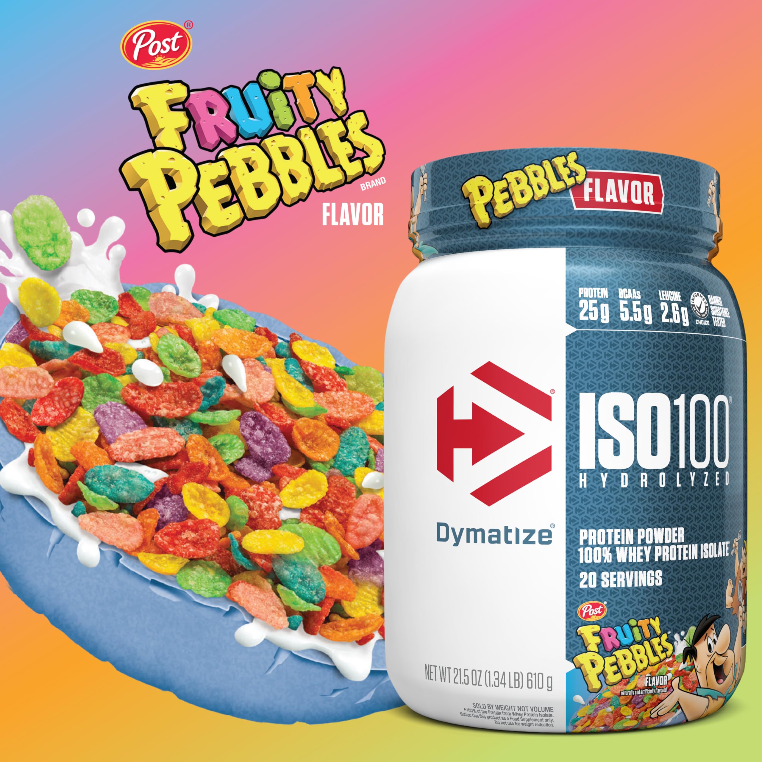 Dymatize x Fruity Pebbles ISO100 Whey Protein Powder Isolate, 25g of Protein, 5.5g BCAAs, 120 Cal., Gluten Free, 1g Fat, 1g Sugar, 2g Carb (75 Servings)