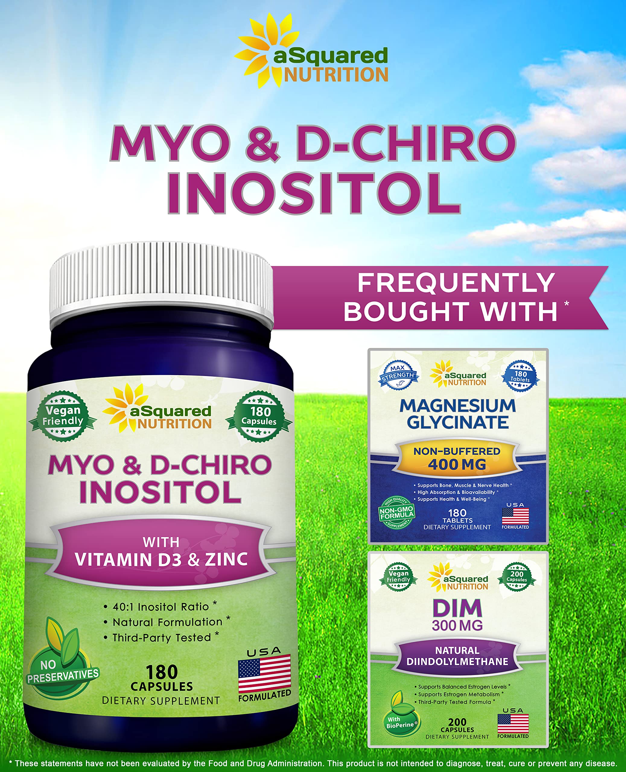 aSquared Nutrition Myo-Inositol & D-Chiro Inositol Supplement - 180 Capsules - Plus Vitamin D3 and Zinc - Myo & D-Chiro Inositol 40 to 1 Ratio - VIT B8 Complex Pills