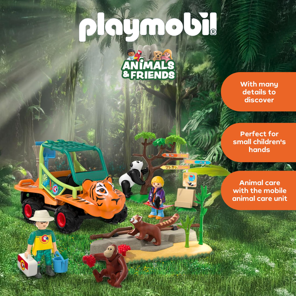 Playmobil | Animals & Friends | Zookeeper with Vehicle | Vehicle with Tiger Head Design and 3 Animals | Children's Toy for Ages 4 and up | 72072