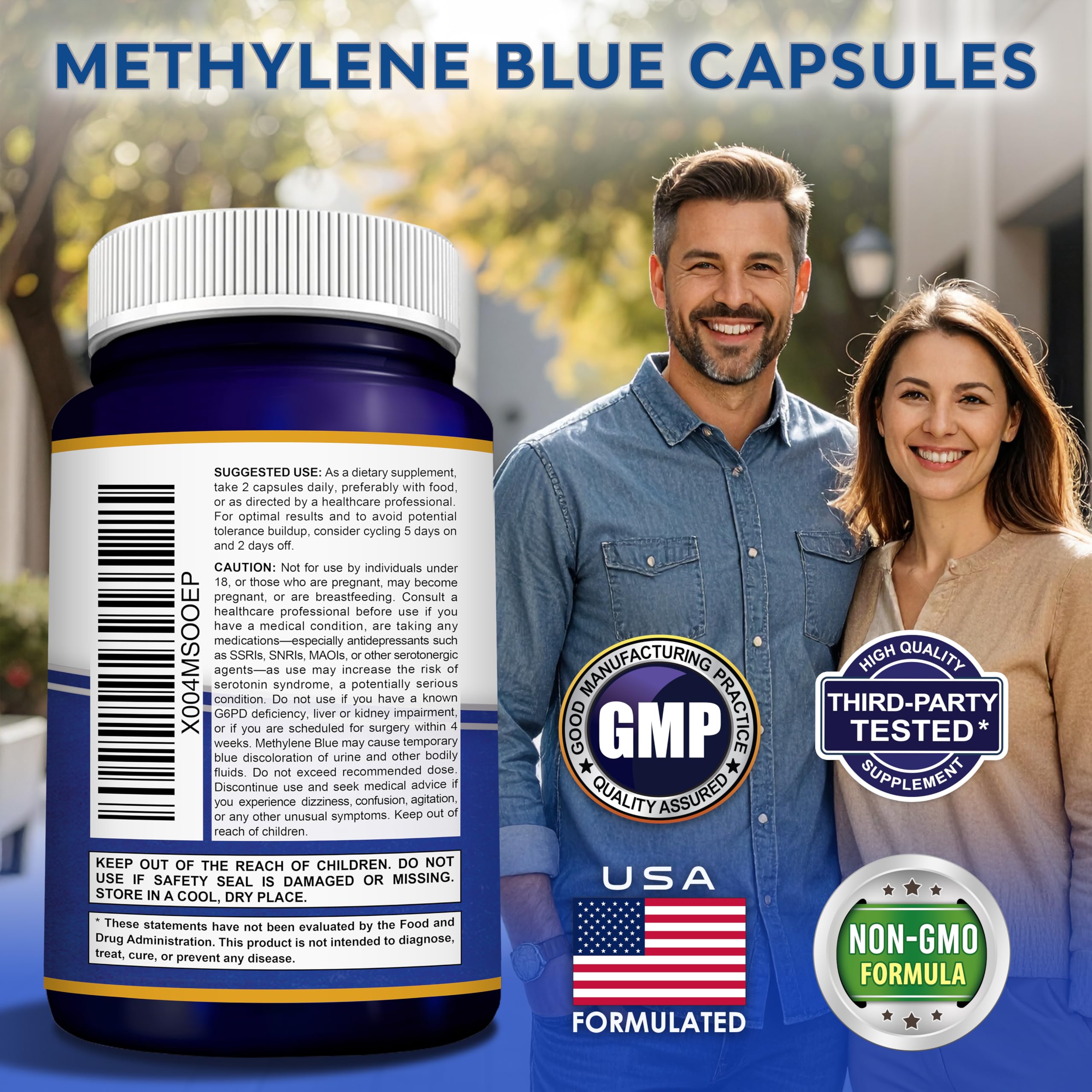 aSquared Nutrition Methylene Blue Capsules - Pharmaceutical Grade Supplement for Humans - 12mg Per Serving USP Grade - w/Vitamin C & Cacao Powder - Brain, Focus, Energy - Alt to Drops & Tablets