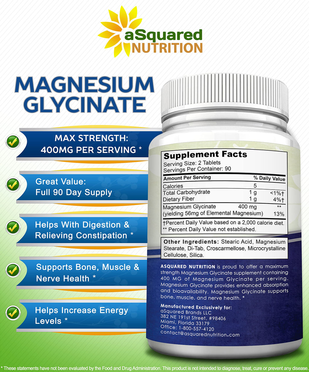 aSquared Nutrition Magnesium Glycinate 400mg - 180 Tablets - Max Strength Magnesium Bisglycinate Supplement -Maximum Bioavailability & Absorption-Non-GMO -Not Buffered-Supports Muscles, Bones & Heart