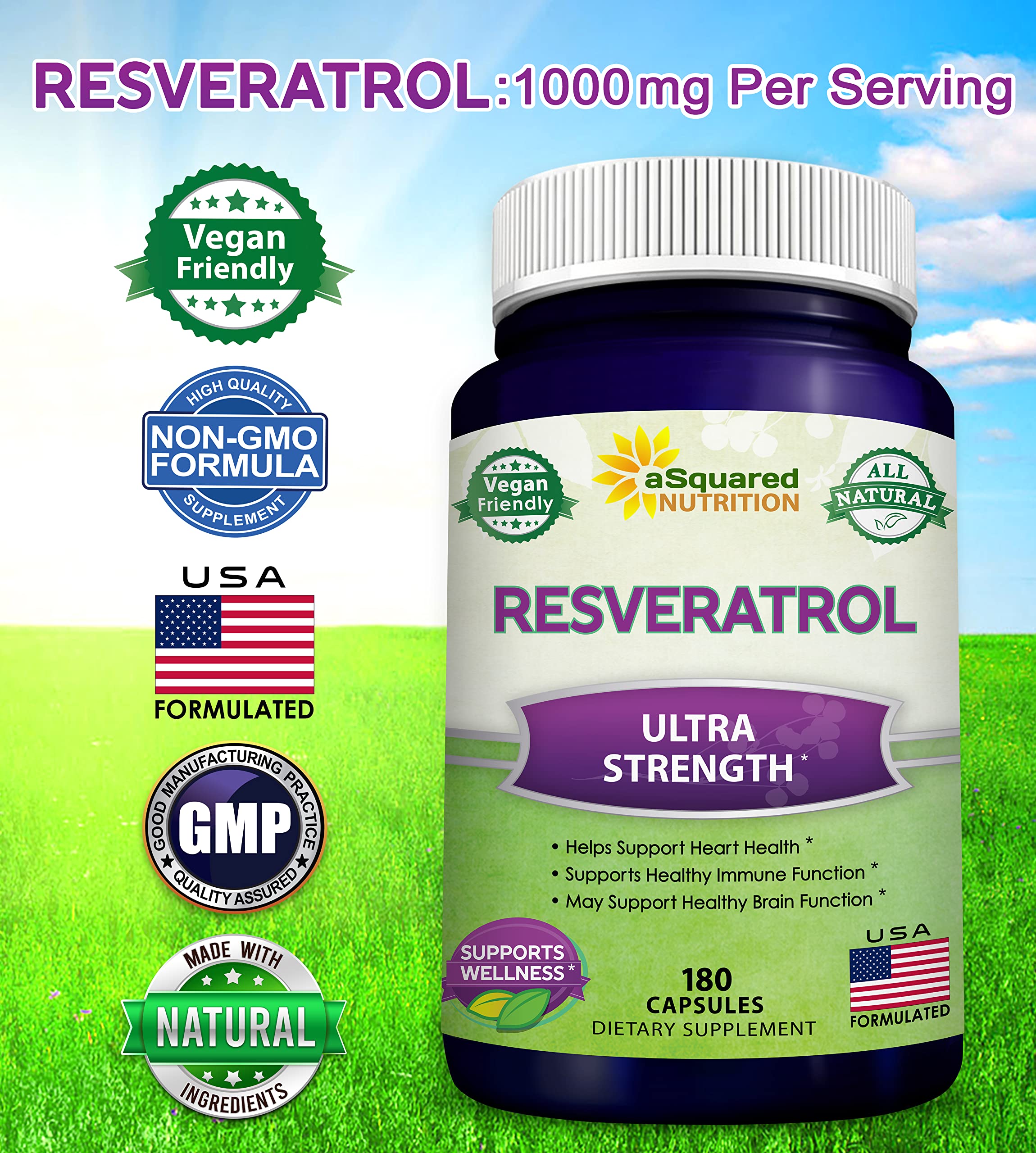 100% Natural Resveratrol - 1000mg Per Serving Max Strength (180 Capsules) Antioxidant Supplement, Trans-Resveratrol Pills for Heart Health & Pure, Polyphenols (Pack of 2)