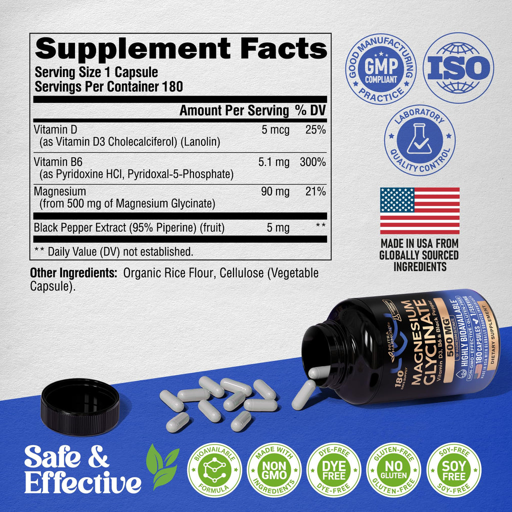 Magnesium Glycinate 500 mg - Chelated Supplement - High Absorption Form of Magnesium - Support for Sleep, Muscle & Heart Health - for Women & Men - Lab Tested & Non-GMO - 180 Capsules