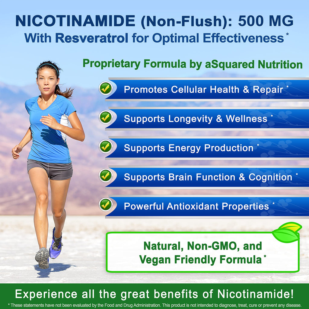aSquared Nutrition Nicotinamide with Resveratrol - 120 Veggie Capsules - Vitamin B3 500mg (Niacinamide Flush Free) - Supplement Pills to Support NAD, Skin Cell Health & Energy