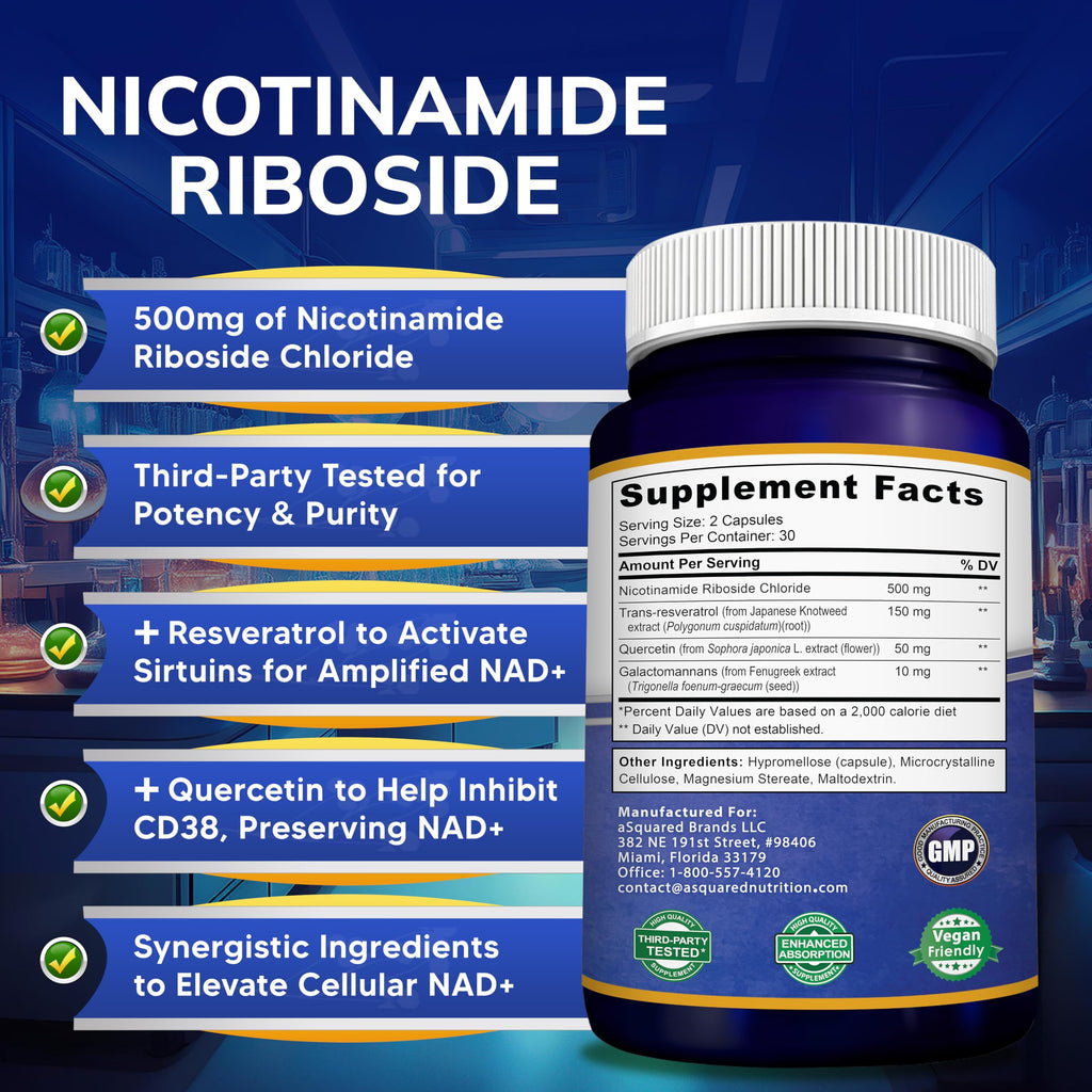 aSquared Nutrition NAD Resveratrol Supplement - NAD+ Nicotinamide Riboside 500mg (Vitamin B3) Plus Trans-Resveratrol & Quercetin - NMN Alternative for Men & Women - 60 Capsules