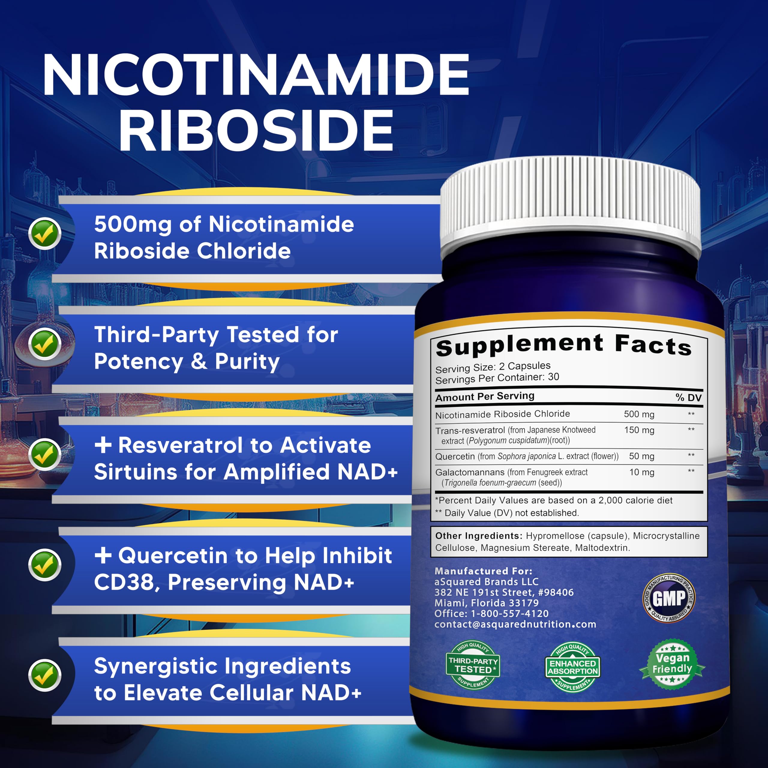 aSquared Nutrition NAD Resveratrol Supplement - NAD+ Nicotinamide Riboside 500mg (Vitamin B3) Plus Trans-Resveratrol & Quercetin - NMN Alternative for Men & Women - 60 Capsules