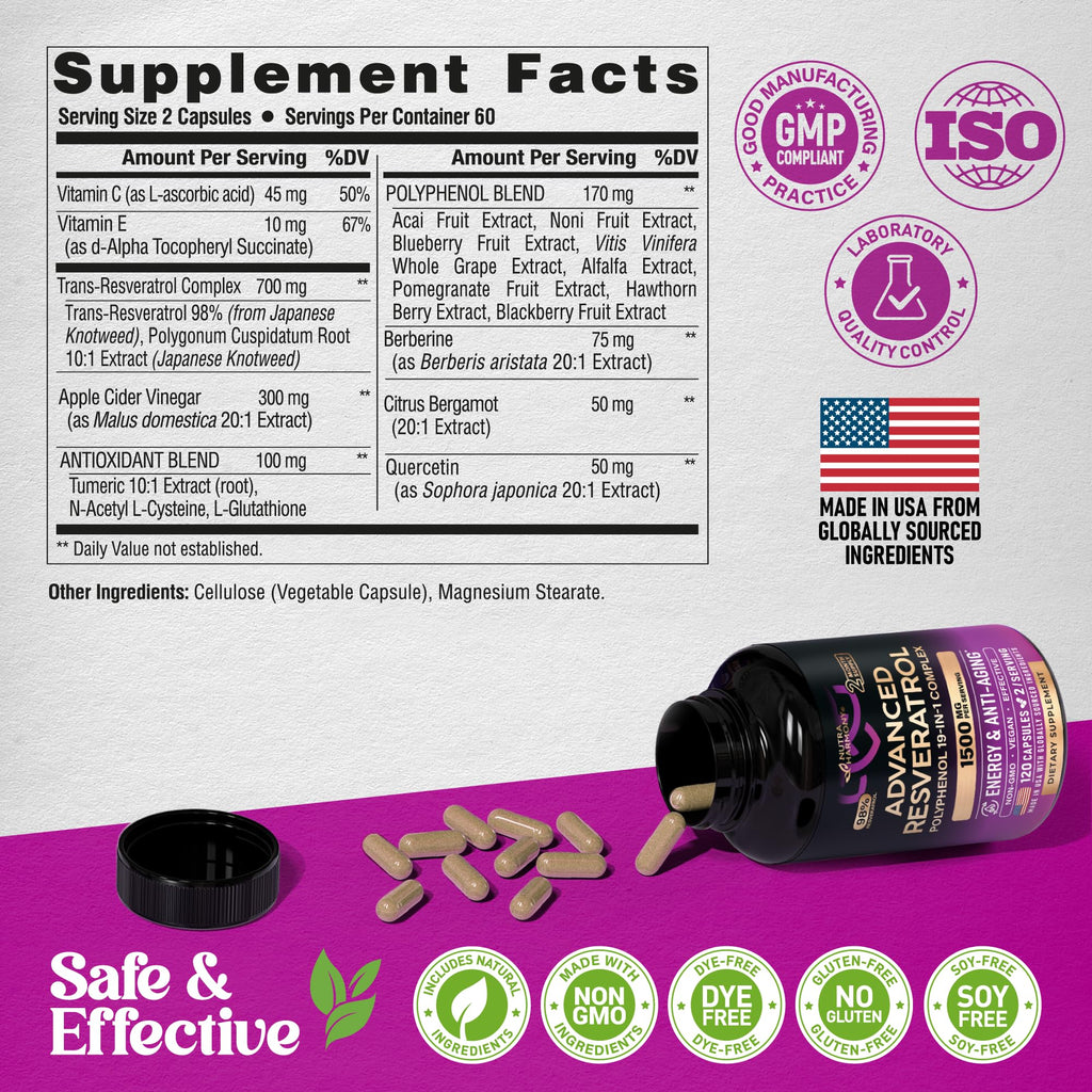Resveratrol Supplement - 19-in-1 Organic Polyphenol Complex - Noni Extract | Berberine | Quercetin | Apple Cider Vinegar | Acai - for Women & Men - Antioxidant & Heart Health Support - 120 Capsules