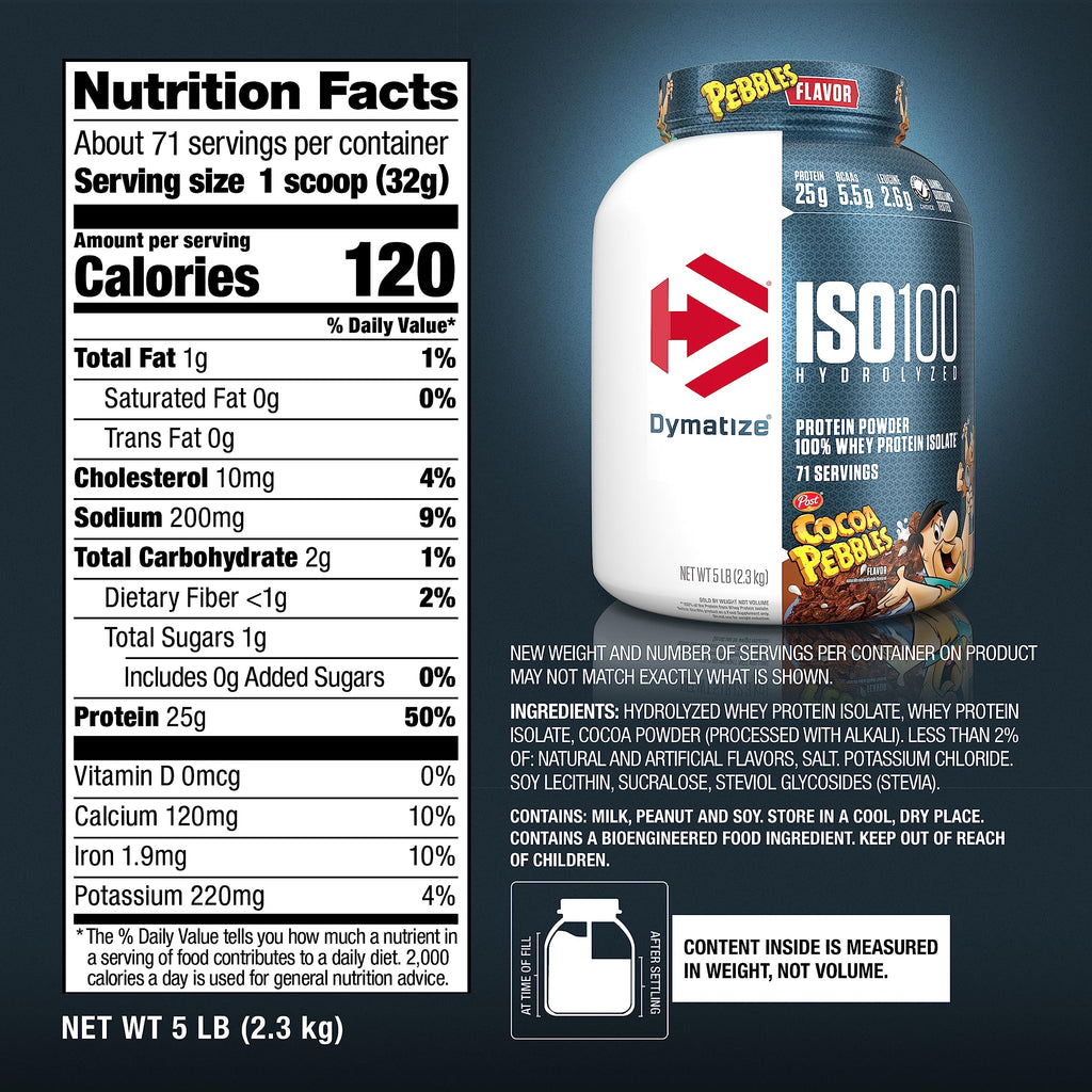 Dymatize x Cocoa Pebbles ISO100 Whey Protein Powder Isolate, 25g of Protein, 5.5g BCAAs, 120 Cal., Gluten Free, 1g Fat, 1g Sugar, 2g Carb (71 Servings) (Pack of 6)