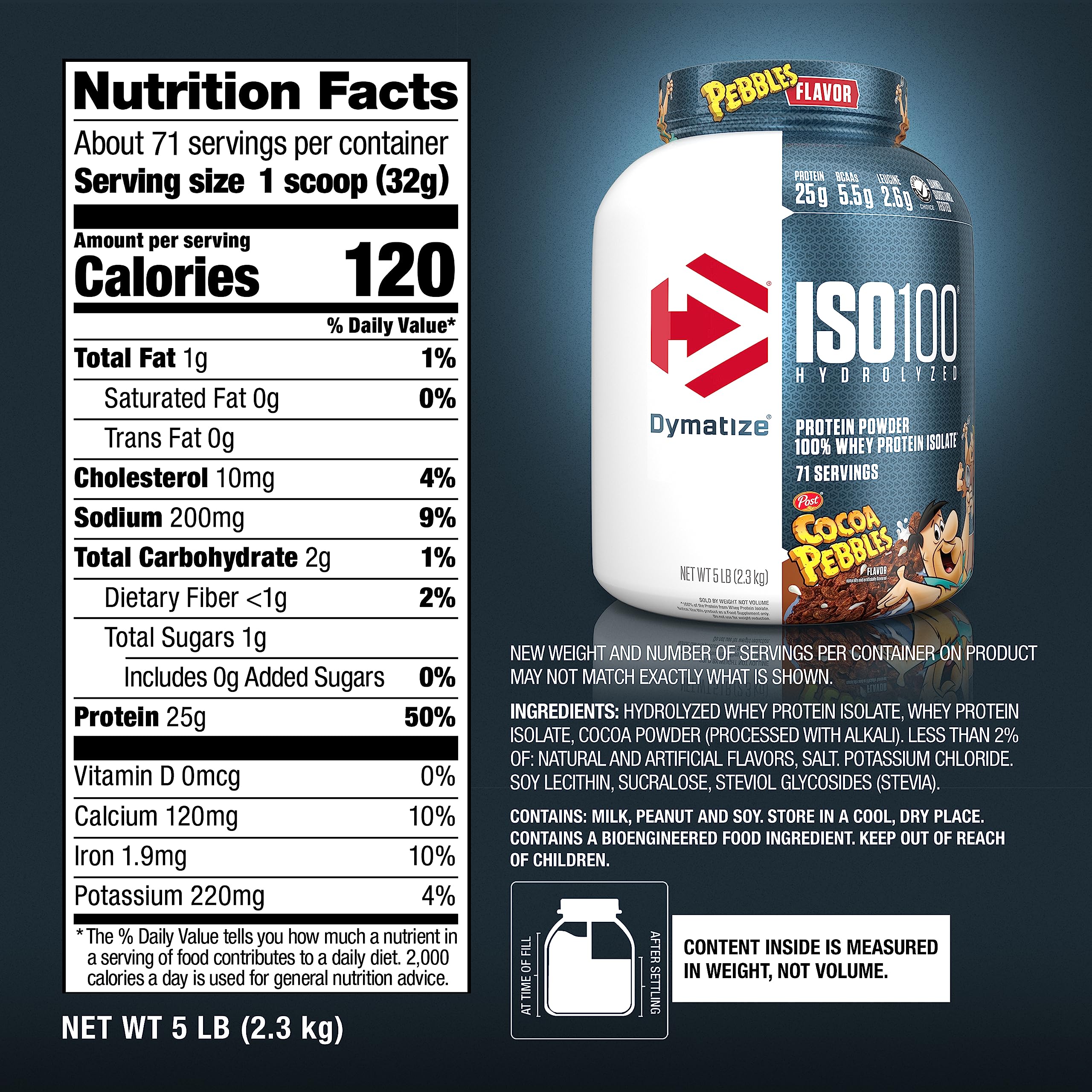 Dymatize x Cocoa Pebbles ISO100 Whey Protein Powder Isolate, 25g of Protein, 5.5g BCAAs, 120 Cal., Gluten Free, 1g Fat, 1g Sugar, 2g Carb (71 Servings) (Pack of 6)