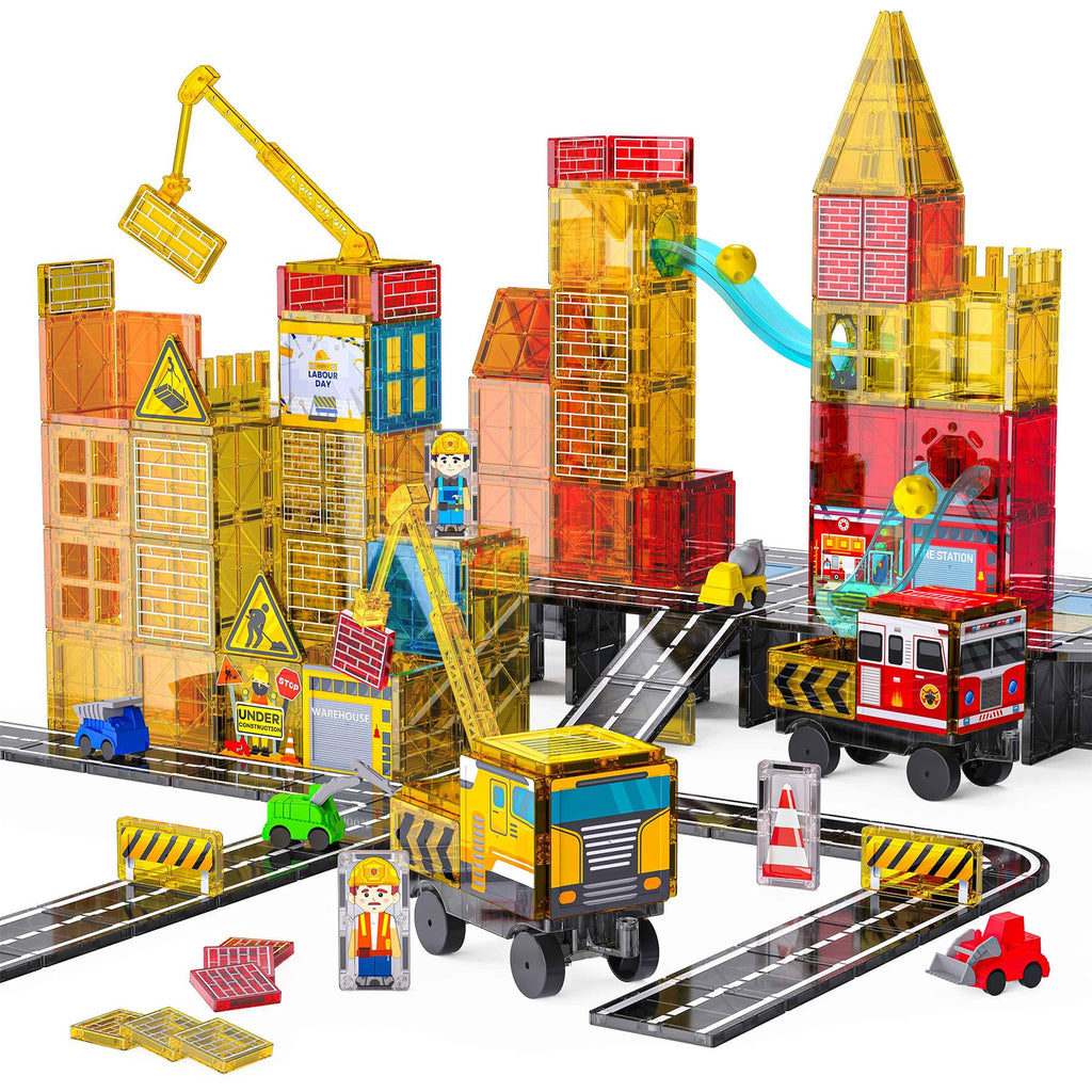 Magnetic Tiles for Kids Ages 4-8 Construction Toys with Crane Marble Run