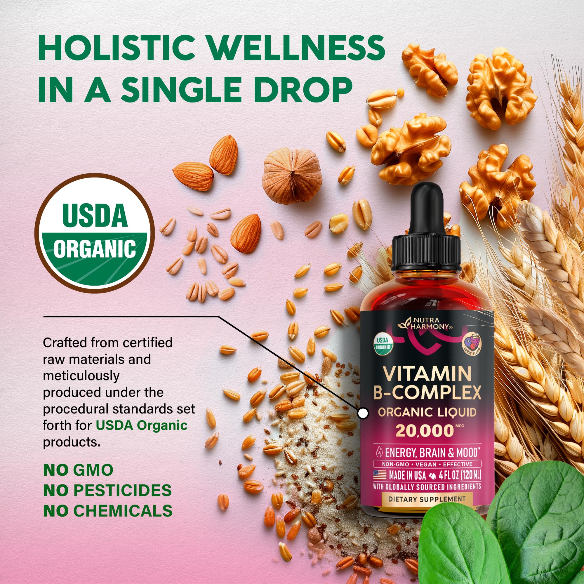 USDA Organic Vitamin B-Complex B5 Pantothenic Acid | B12 Methylcobalamin | B1 Thiamine | B6 Pyridoxine | B7 Biotin | B9 Folic | B3 Niacinamide - B Complex Liquid Drops, Natural Berry Flavor, 4fl oz