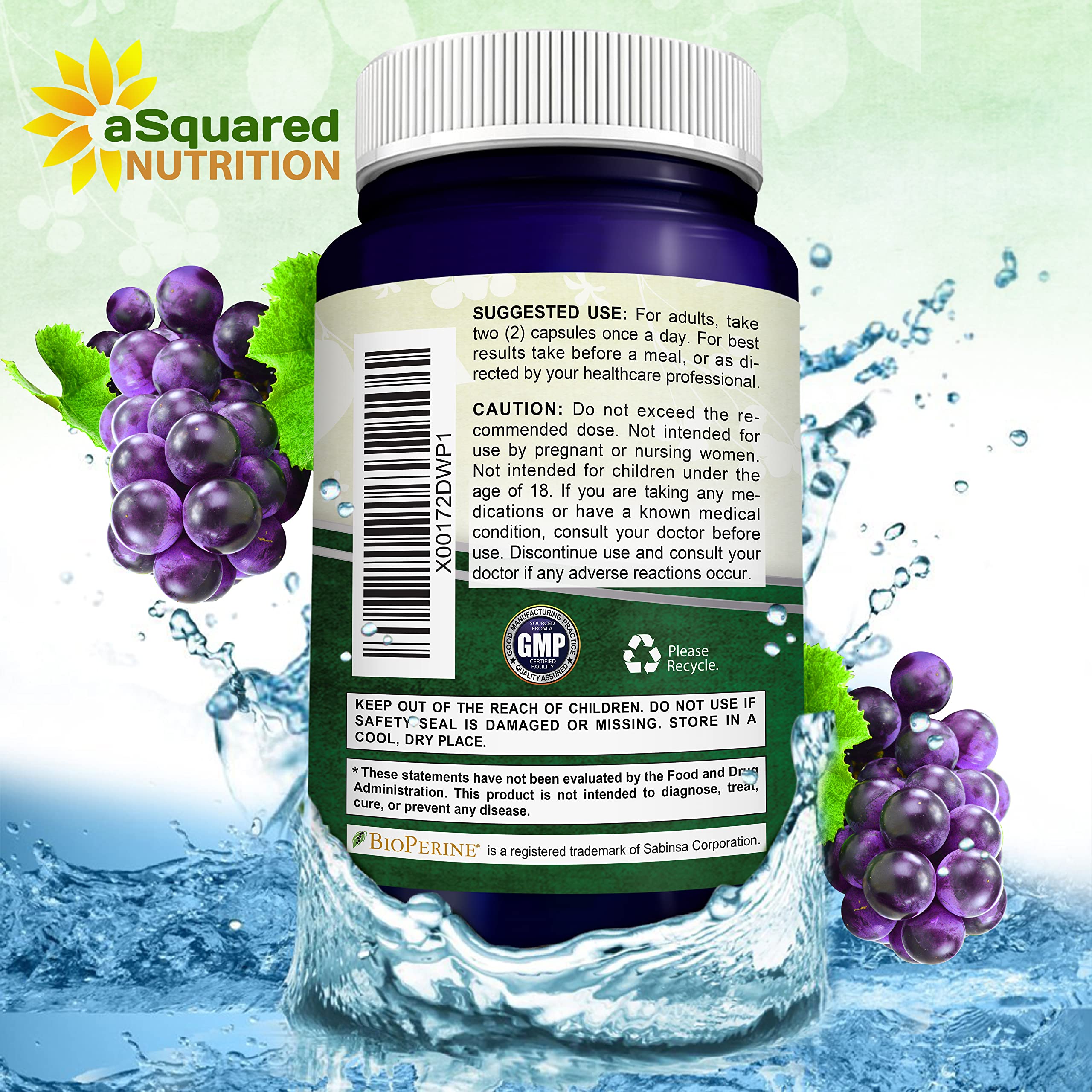 aSquared Nutrition Natural Resveratrol with Red Wine Extract - 180 Capsules - Trans Resveratrol Antioxidant Supplement Pills for Pure Heart Health - Extra Strength Trans-Resveratrol