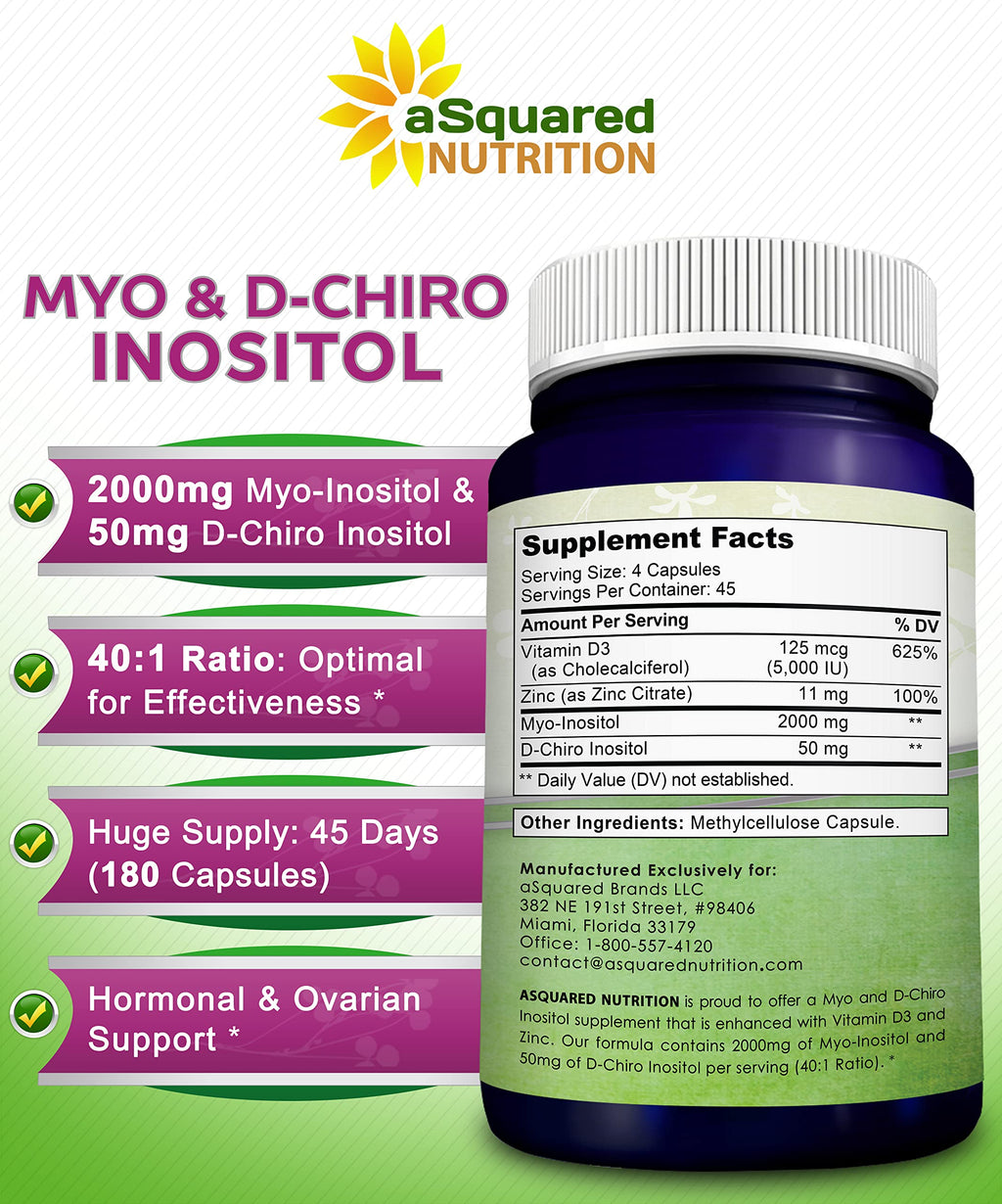 aSquared Nutrition Myo-Inositol & D-Chiro Inositol Supplement - 180 Capsules - Plus Vitamin D3 and Zinc - Myo & D-Chiro Inositol 40 to 1 Ratio - VIT B8 Complex Pills