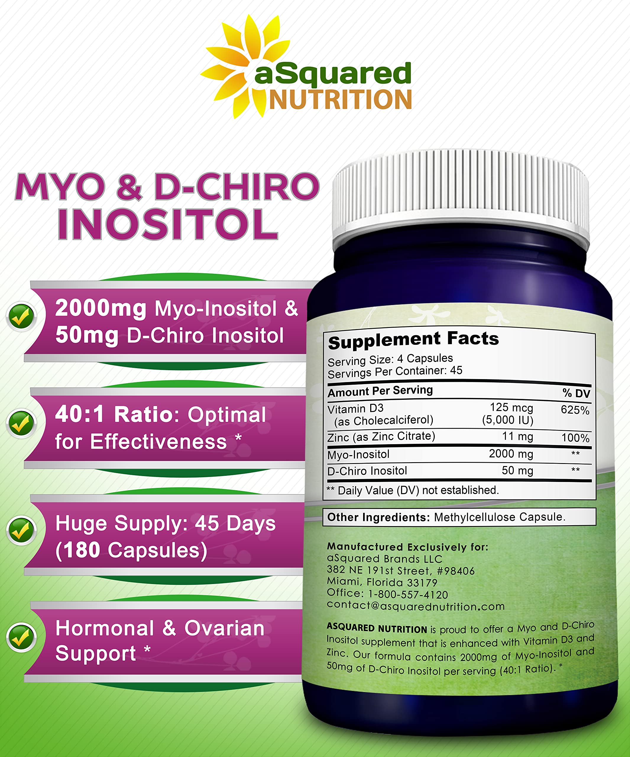 aSquared Nutrition Myo-Inositol & D-Chiro Inositol Supplement - 180 Capsules - Plus Vitamin D3 and Zinc - Myo & D-Chiro Inositol 40 to 1 Ratio - VIT B8 Complex Pills