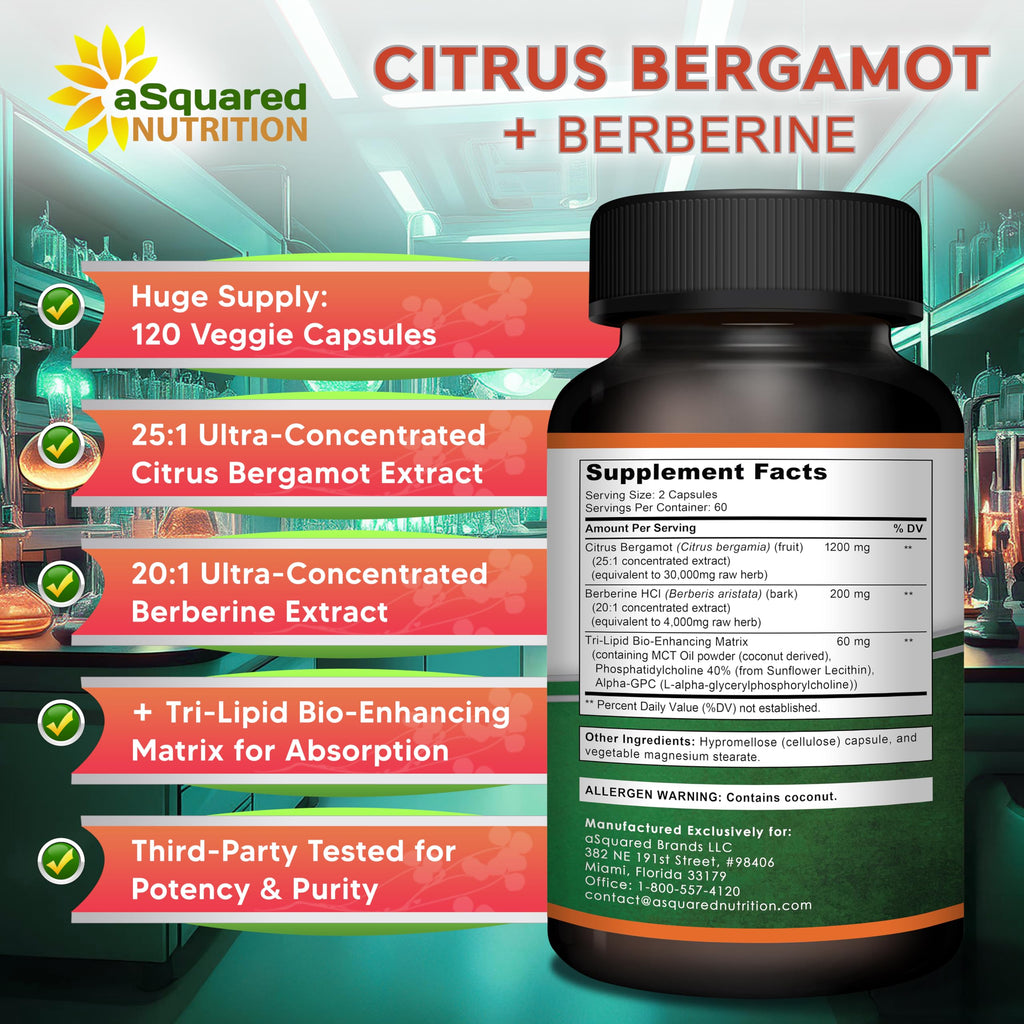 aSquared Nutrition Citrus Bergamot with Berberine Supplement - 1400mg Per Serving Max Strength Complex - 120 Capsules - Supports Cardiovascular Health - Pills Alternative to Gummies & Liquid Drops