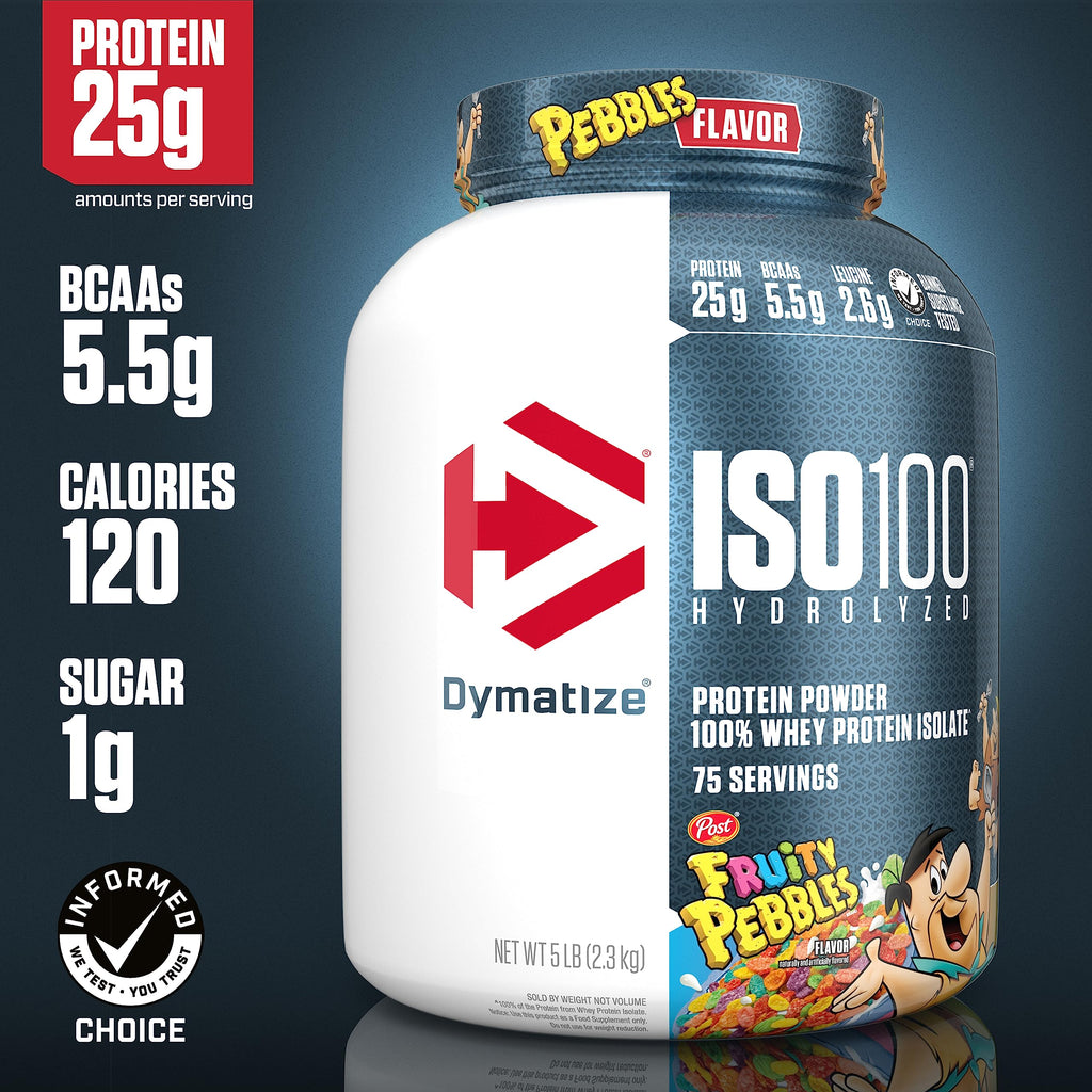 Dymatize ISO100 Hydrolyzed Fruity Pebbles Protein Powder Bundle, 25g Protein, 5.5g BCAAs, 5 Pound + 20 Servings