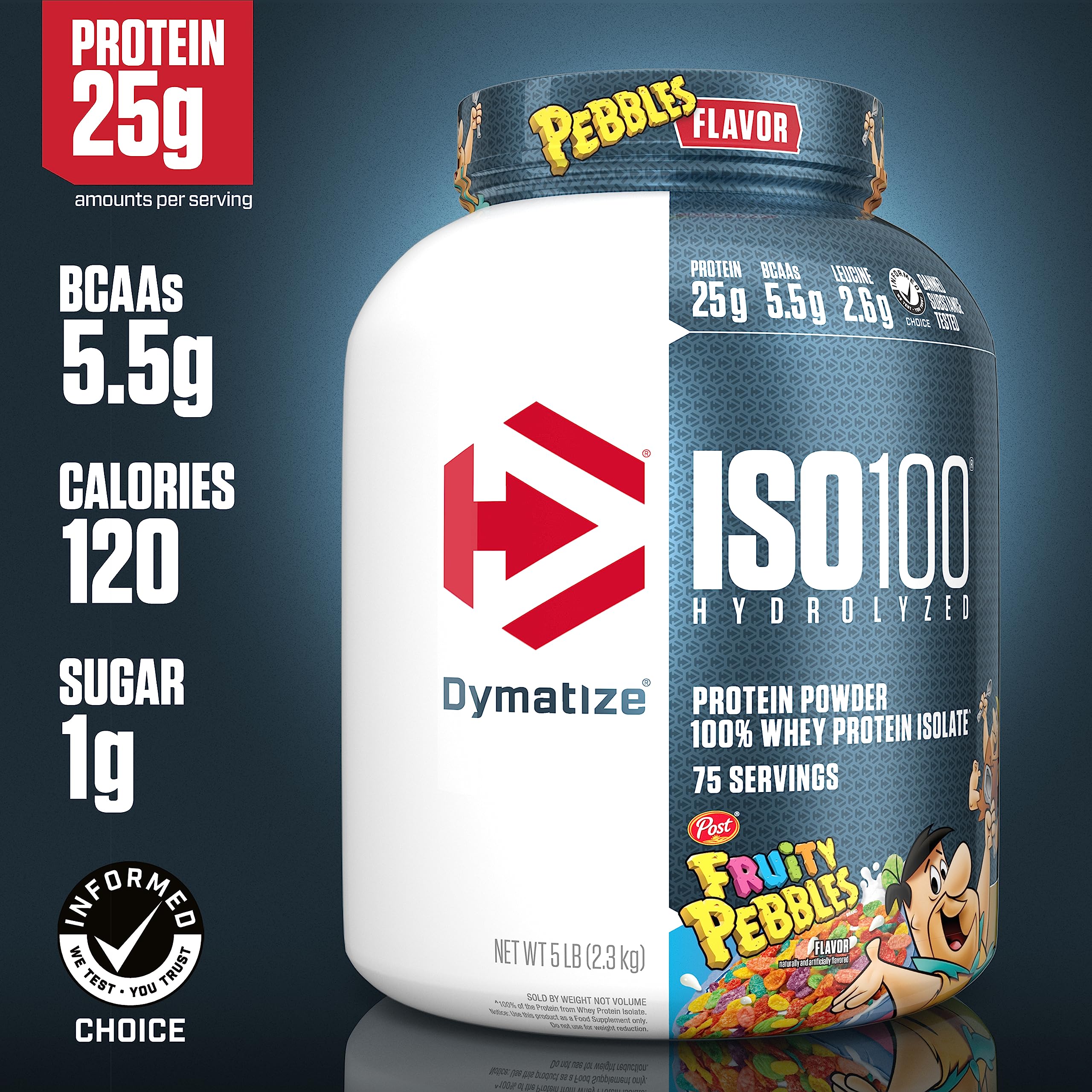 Dymatize ISO100 Hydrolyzed Fruity Pebbles Protein Powder Bundle, 25g Protein, 5.5g BCAAs, 5 Pound + 20 Servings