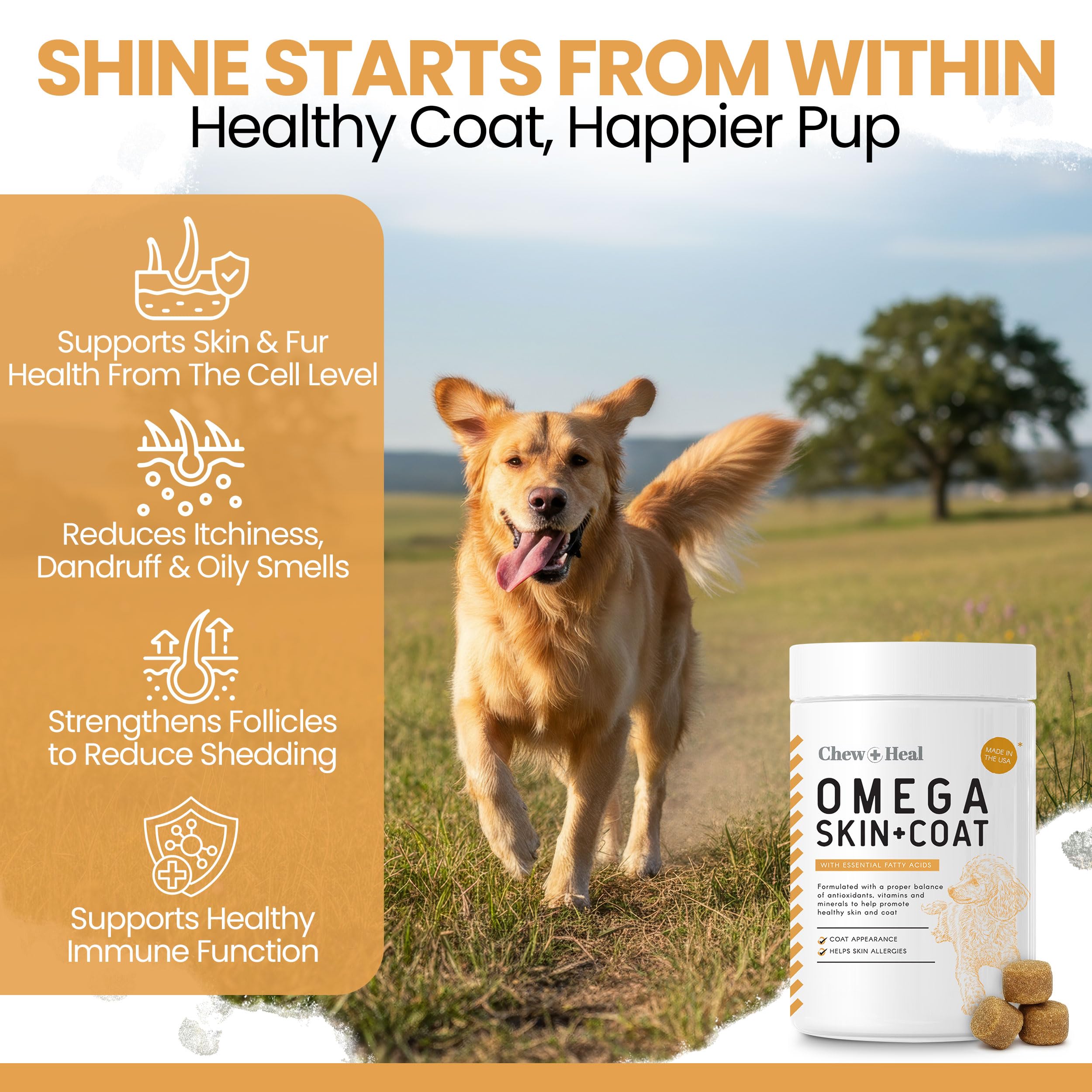 Omega 3 Fish Oil for Dogs, Chicken Flavor - 180 Skin and Coat Soft Chews