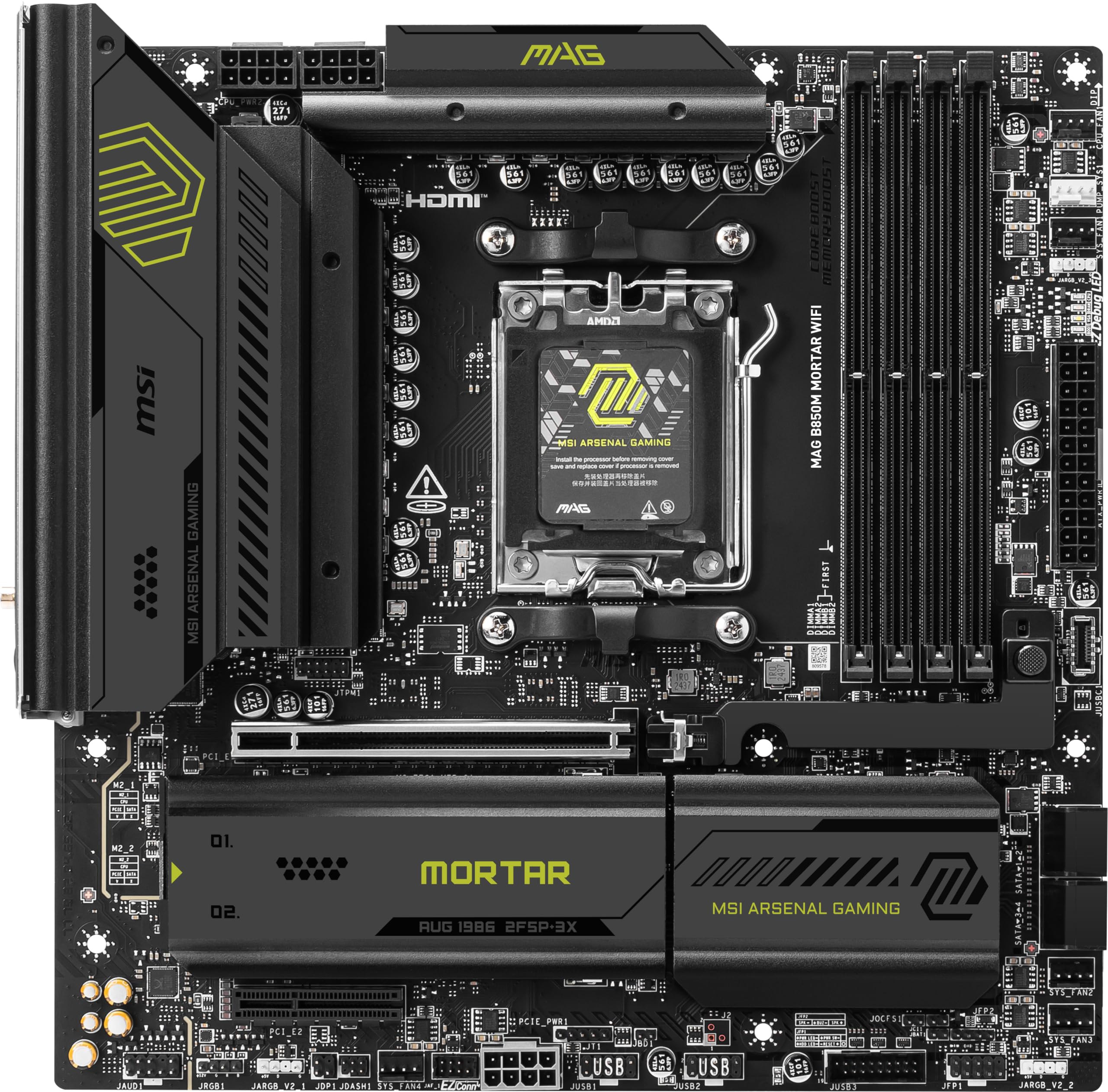 MSI MAG B850M Mortar WiFi Motherboard, mATX - Supports AMD Ryzen 9000/8000 / 7000 Processors, AM5-60A SPS VRM, DDR5 Memory Boost 8200+ MT/s (OC), PCIe 5.0 x16, M.2 Gen5, Wi-Fi 7, 5G LAN
