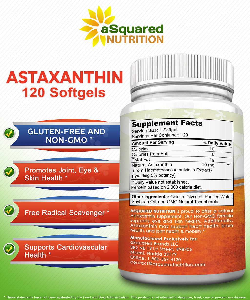 aSquared Nutrition Astaxanthin Supplement - Natural Astaxanthin Pills from Haematococcus Pluvialis Extract for Pure Energy - Max Strength 10mg - 120 Softgels (Pack of 2)