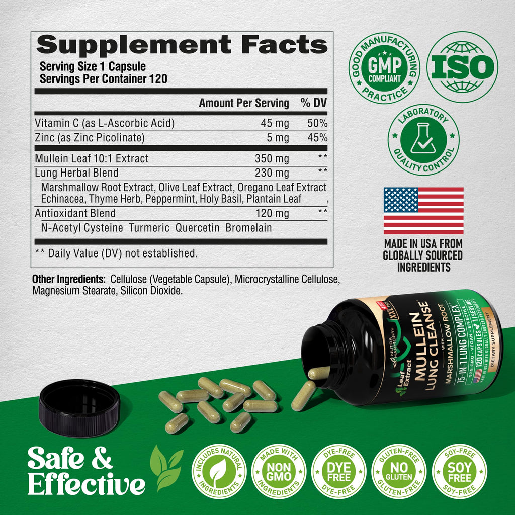 Mullein Lung Detox - Mullein Leaf 10:1 Extract - Marshmallow Root | Echinacea | Oregano | Quercetin | NAC - 15-in-1 Lung Support & Cleanse for Smokers Supplement - for Women & Men - 120 Vegan Capsules