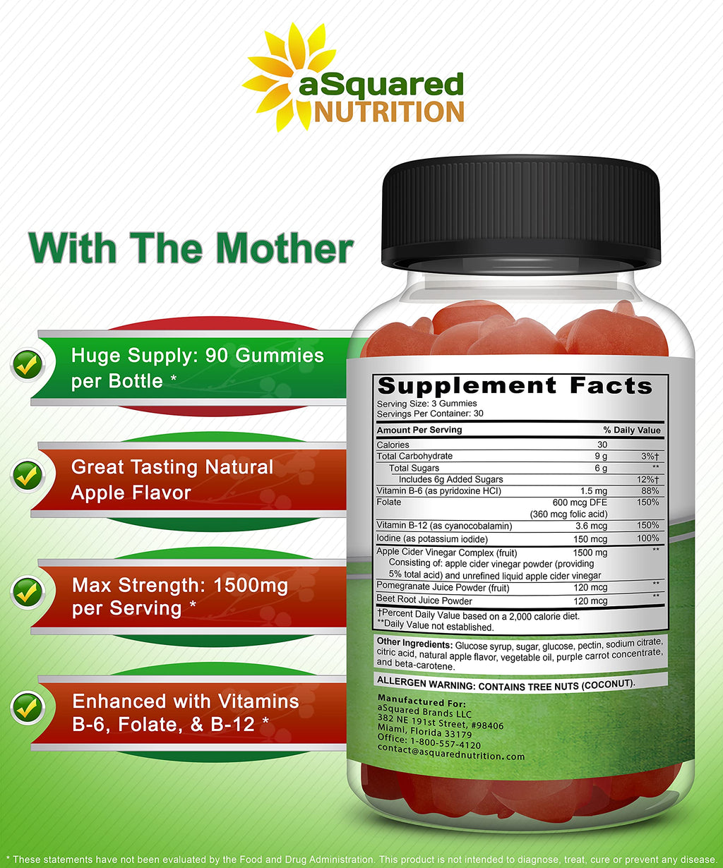 aSquared Nutrition Apple Cider Vinegar Gummies - 1500mg Per Serving - with The Mother - 90 ACV Gummies w/Vitamin B6 & B12, Folic Acid - Vegan Gummy Supplement Alternative to Capsules Pills & Drink