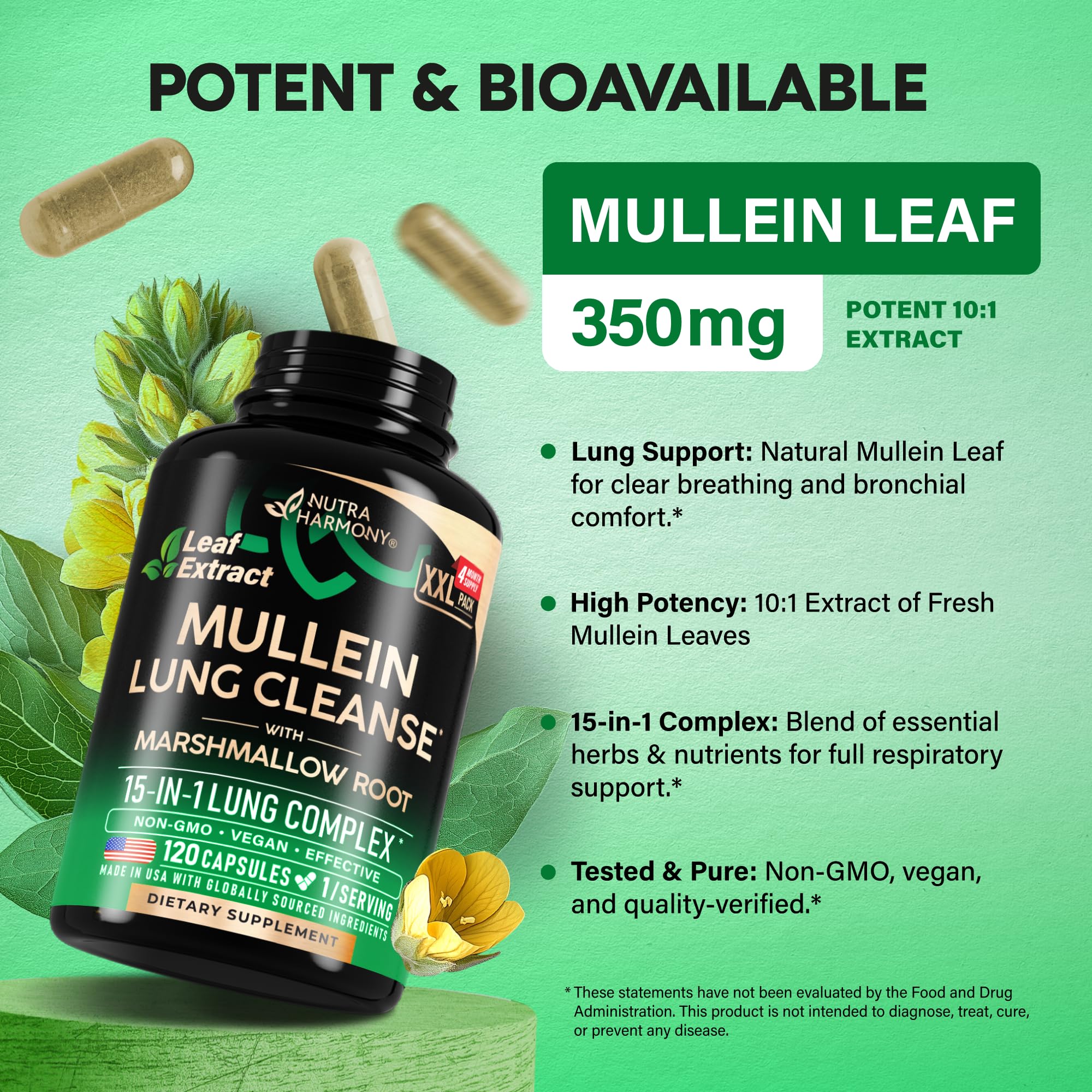 Mullein Lung Detox - Mullein Leaf 10:1 Extract - Marshmallow Root | Echinacea | Oregano | Quercetin | NAC - 15-in-1 Lung Support & Cleanse for Smokers Supplement - for Women & Men - 120 Vegan Capsules