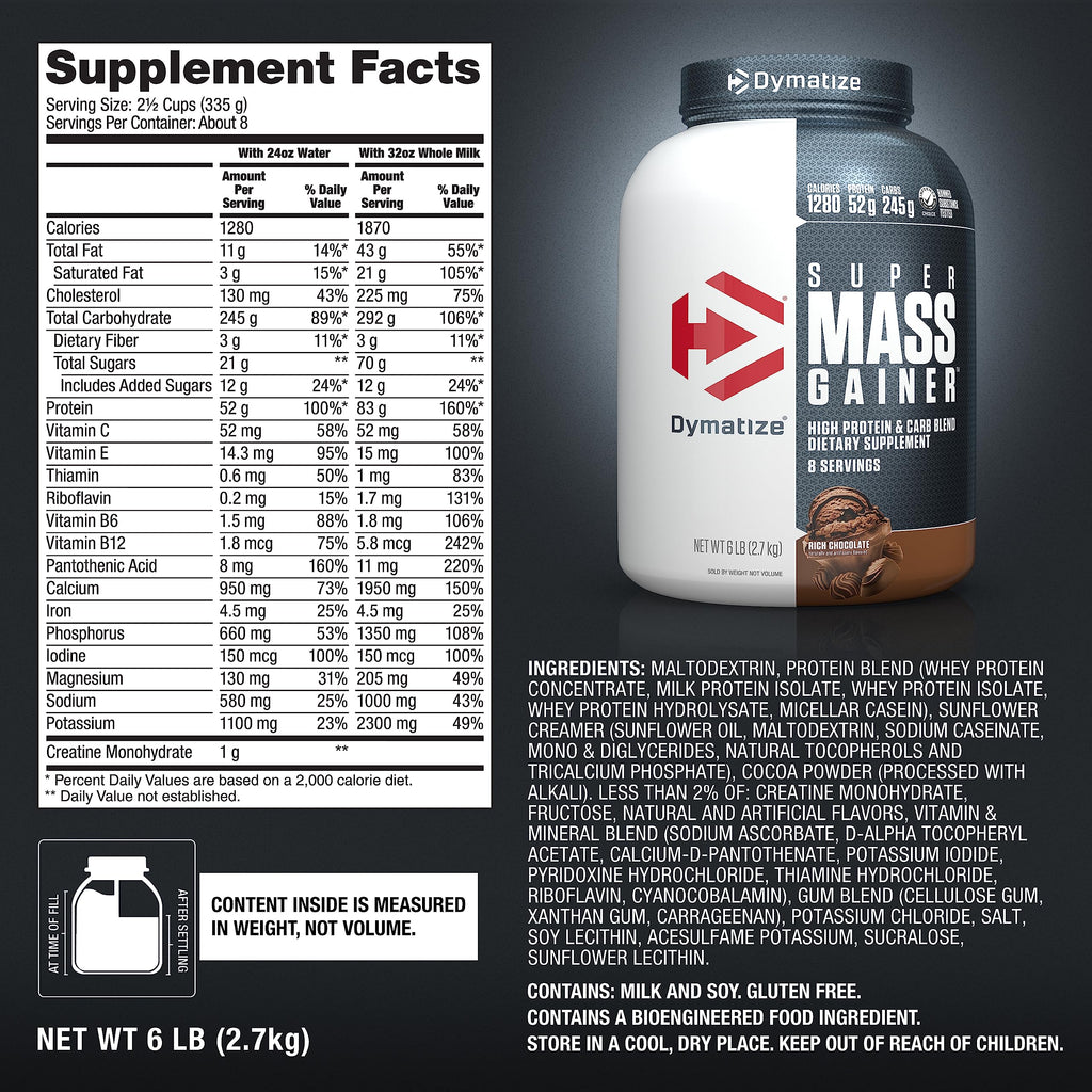 Dymatize Super Mass Gainer Protein Powder, Rich Chocolate, 52g Protein, 1g Creatine, 1280 Calories, 10.7g BCAAs, 245g Carbs, Contains Whey Protein Powder, Isolate, and Casein (8 Servings)