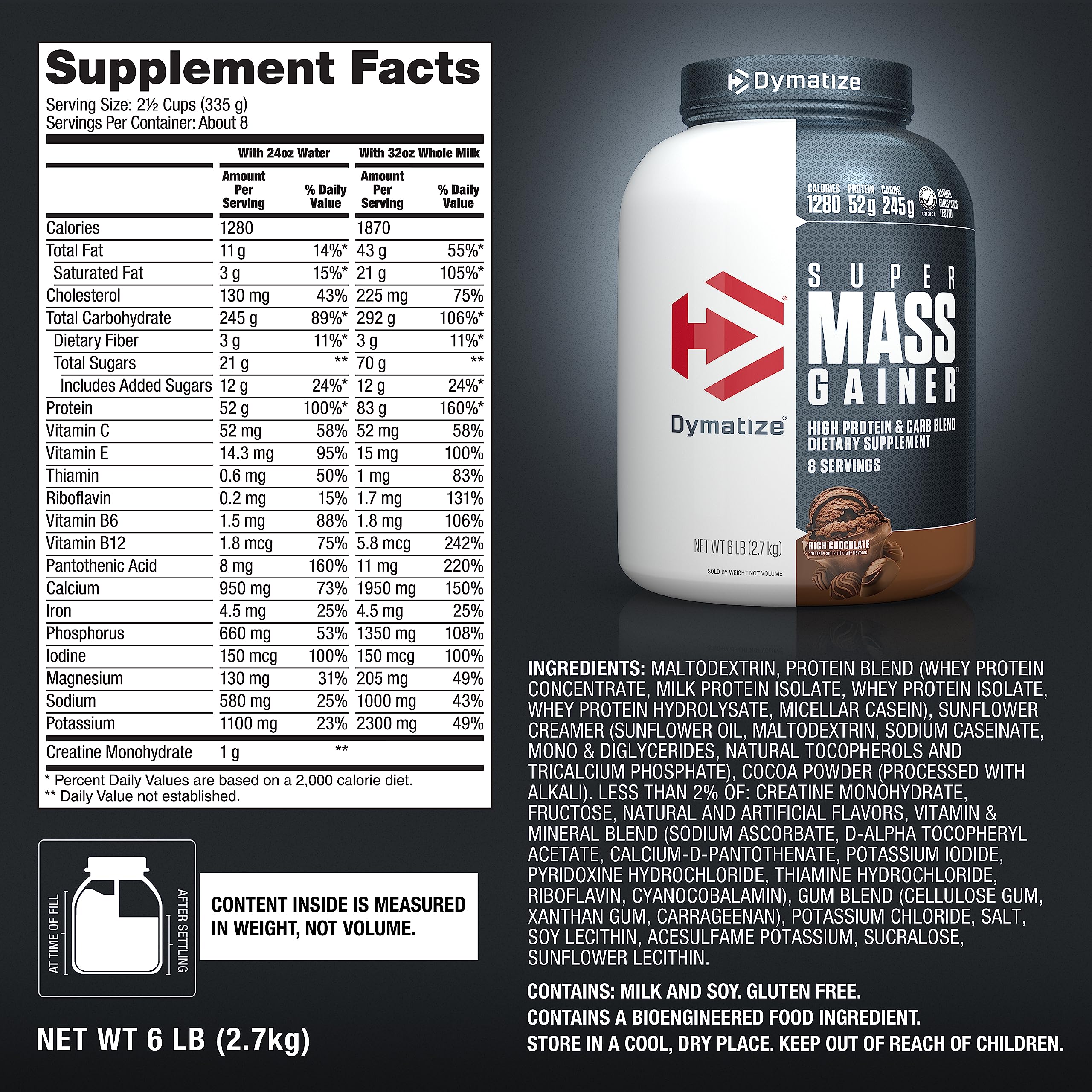 Dymatize Super Mass Gainer Protein Powder, Rich Chocolate, 52g Protein, 1g Creatine, 1280 Calories, 10.7g BCAAs, 245g Carbs, Contains Whey Protein Powder, Isolate, and Casein (8 Servings)