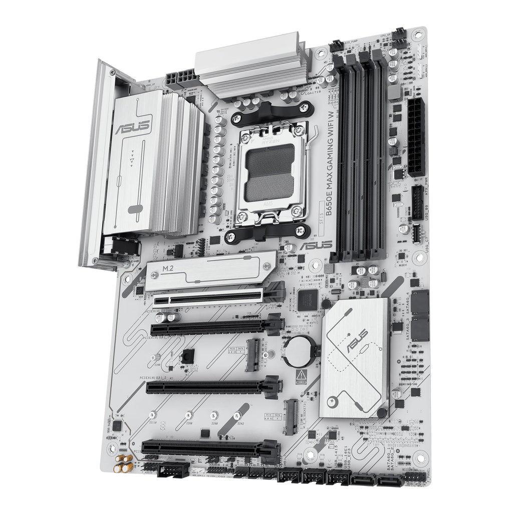 ASUS B650E MAX Gaming WiFi W – AMD B650 AM5 ATX Motherboard, White PCB, DDR5, PCIe 5.0, 3X M.2, Wi-Fi 6E, 2.5Gb LAN, USB 10Gbps Type-C, DisplayPort, HDMI™, BIOS Flashback™, Aura Sync, Advanced AI PC