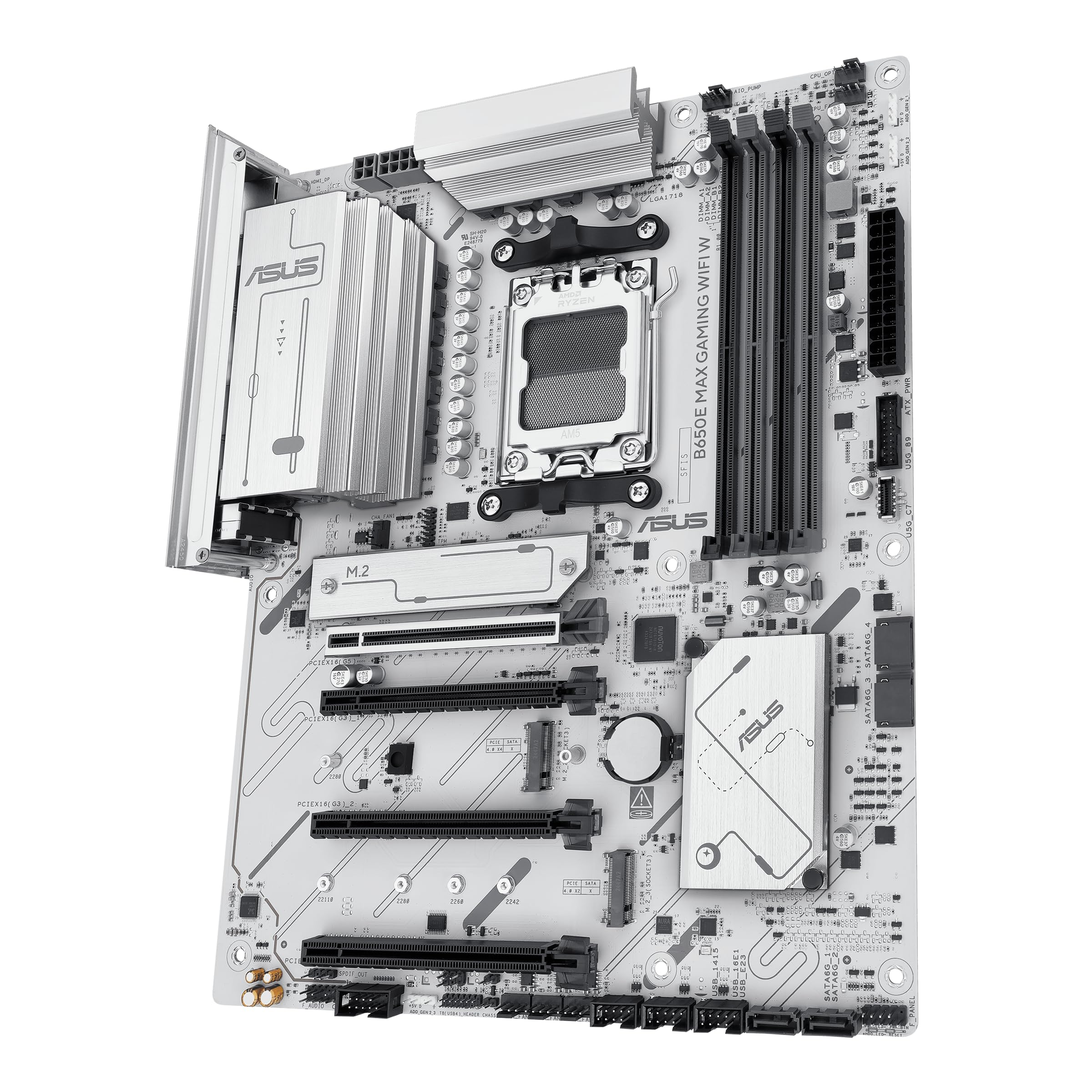 ASUS B650E MAX Gaming WiFi W – AMD B650 AM5 ATX Motherboard, White PCB, DDR5, PCIe 5.0, 3X M.2, Wi-Fi 6E, 2.5Gb LAN, USB 10Gbps Type-C, DisplayPort, HDMI™, BIOS Flashback™, Aura Sync, Advanced AI PC