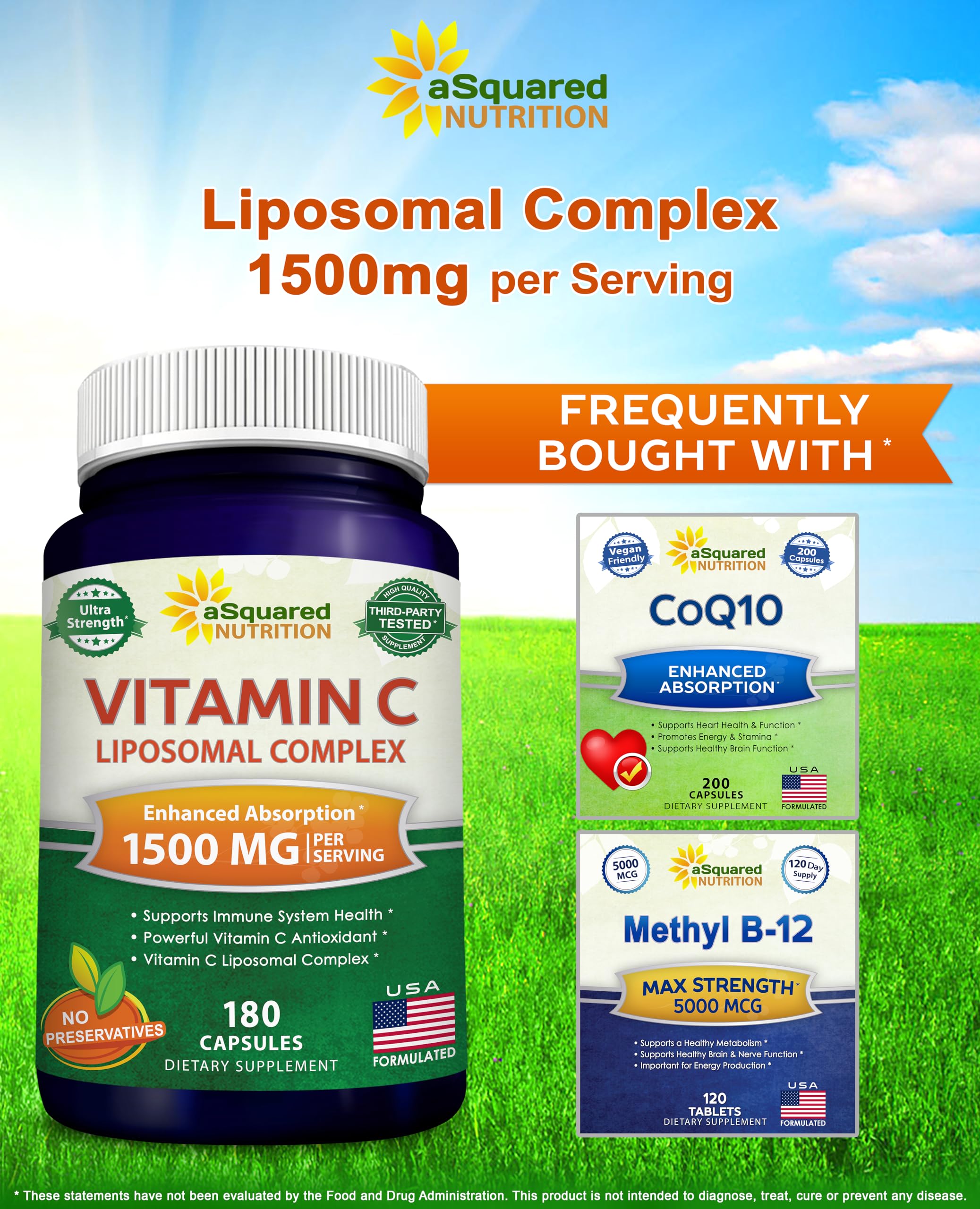 aSquared Nutrition Vitamin C Liposomal Complex - 1500mg Supplement - 180 Capsules - High Absorption VIT C Ascorbic Acid Pills - Supports Immune System & Collagen Health - 90 Servings