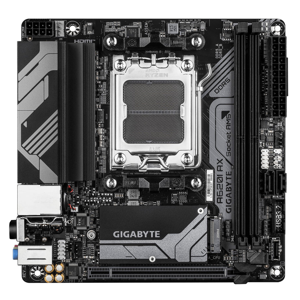 GIGABYTE A620I AX (AM5/ LGA 1718/ AMD/ A620/ Mini-ITX/ 5-Year Warranty/ DDR5/ Single M.2/ PCIe 4.0/ USB 3.2 Gen1 Type-C/Realtek Wi-Fi 6E/ Realtek 2.5GbE/ Q-Flash Plus/PCIe EZ-Latch/Motherboard)