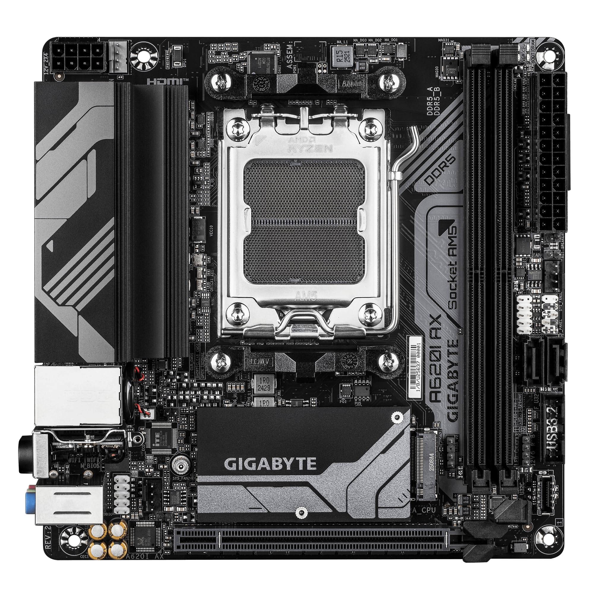 GIGABYTE A620I AX (AM5/ LGA 1718/ AMD/ A620/ Mini-ITX/ 5-Year Warranty/ DDR5/ Single M.2/ PCIe 4.0/ USB 3.2 Gen1 Type-C/Realtek Wi-Fi 6E/ Realtek 2.5GbE/ Q-Flash Plus/PCIe EZ-Latch/Motherboard)
