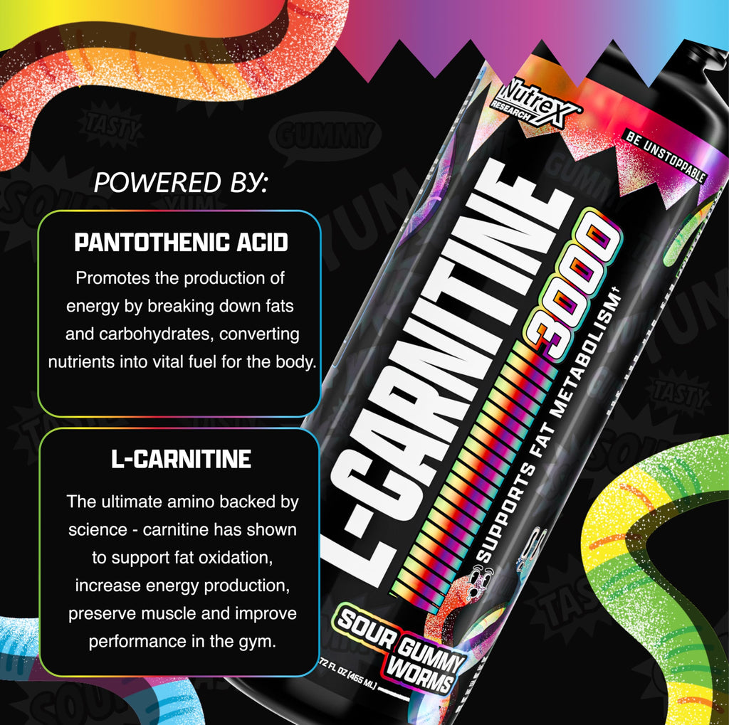 Nutrex Research L Carnitine 3000 - Clinically Dosed L-Carnitine Liquid for Energy, Metabolism & Muscle Recovery - Delicious Sour Gummy Worms Flavour - No Sugar, No Carbs, No Stimulants - 31 Servings