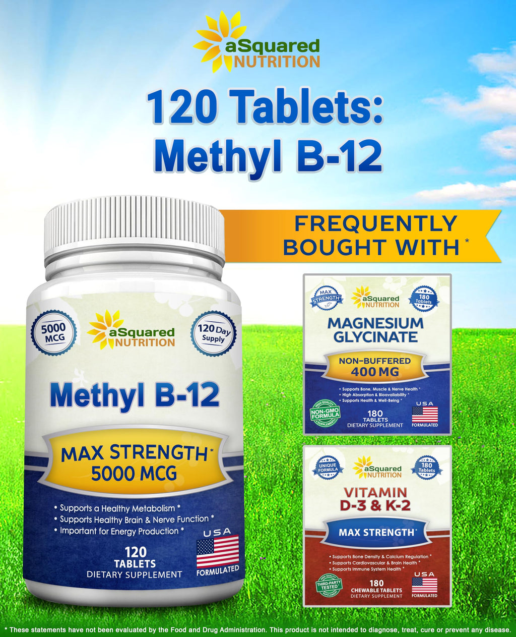aSquared Nutrition Vitamin B12-5000 MCG Supplement with Methylcobalamin (Methyl B-12) - Max Strength Vitamin B 12 Support to Help Boost Natural Energy, Benefit Brain & Heart Function - 120 Tablets