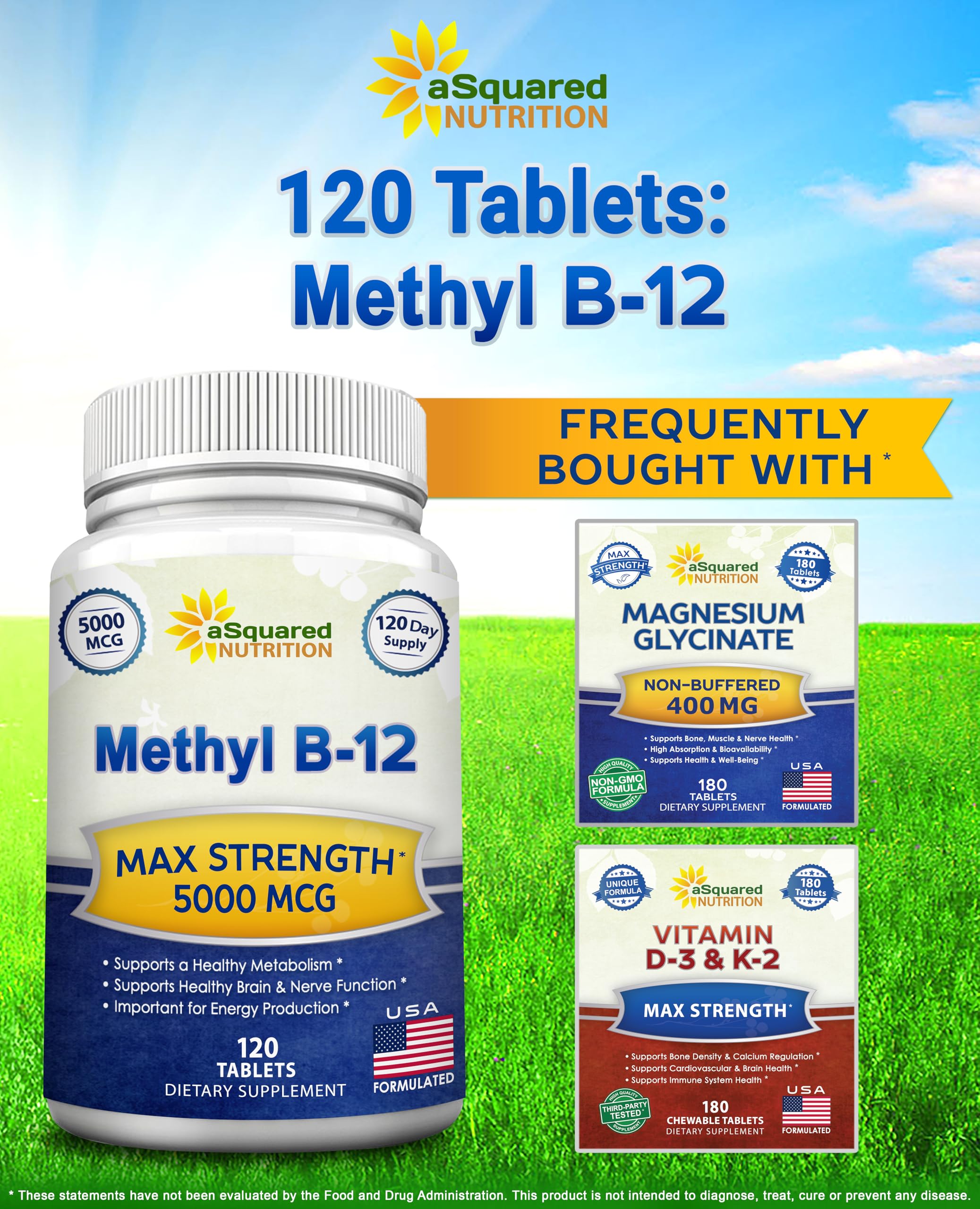 aSquared Nutrition Vitamin B12-5000 MCG Supplement with Methylcobalamin (Methyl B-12) - Max Strength Vitamin B 12 Support to Help Boost Natural Energy, Benefit Brain & Heart Function - 120 Tablets